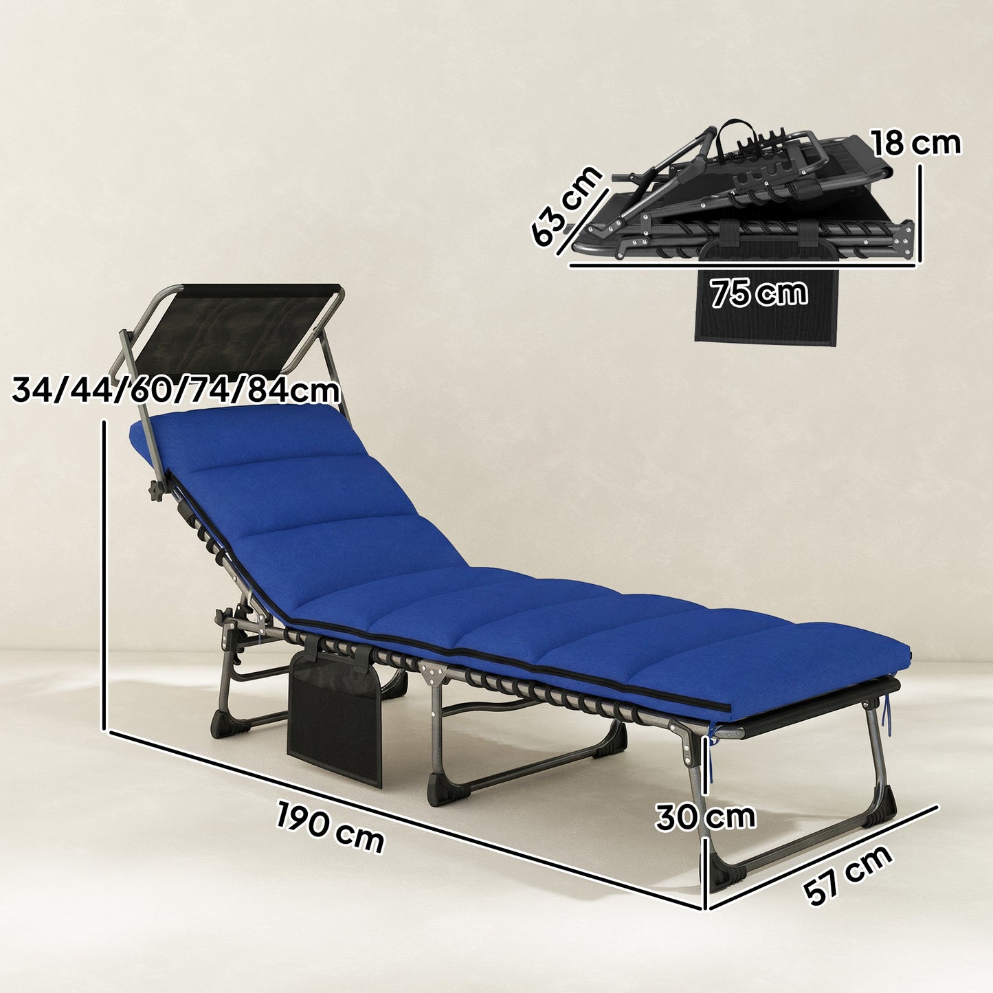 Outsunny Folding Sun Lounger With Canopy, Reclining Sunbed With Cushion, Side Pocket, Carrying Handle, Dark Blue