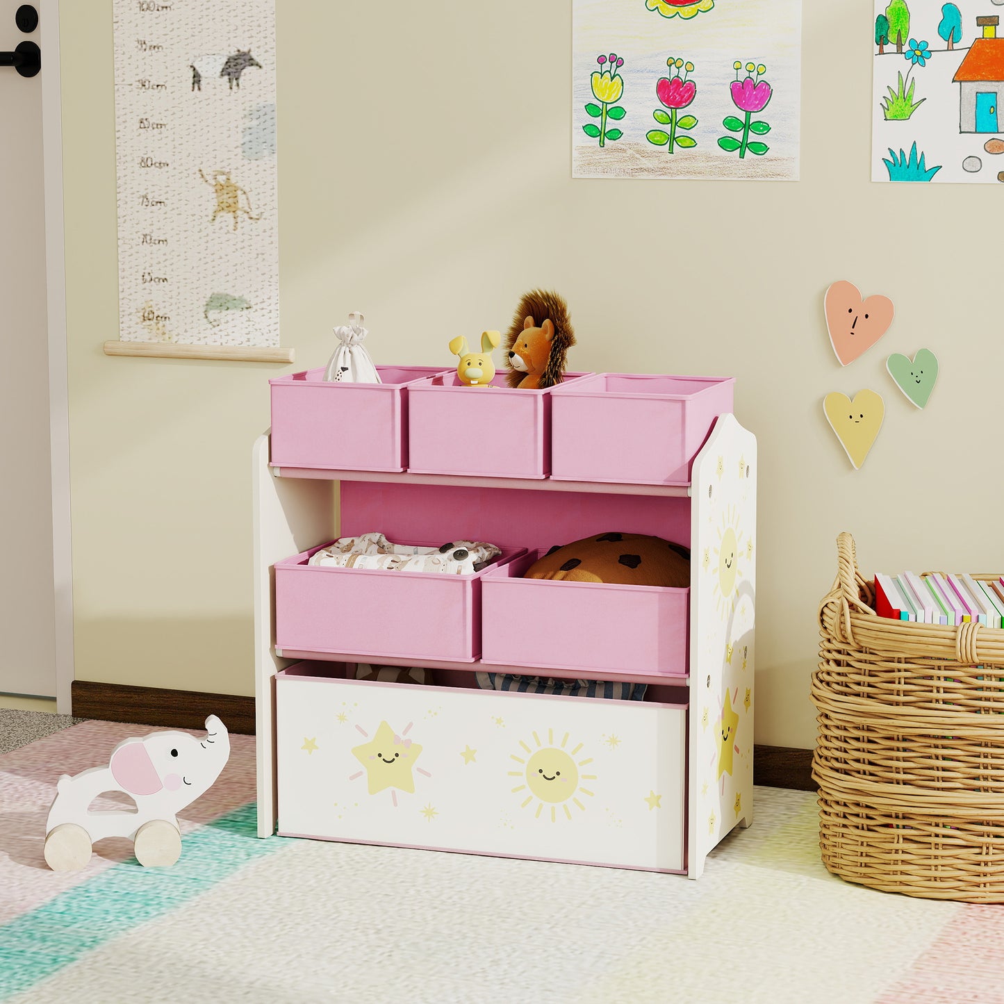 AIYAPLAY Kids Toy Storage Units 3 Tier Organiser Shelf With 6 Removable Boxes For Kids Bedroom Playroom Pink