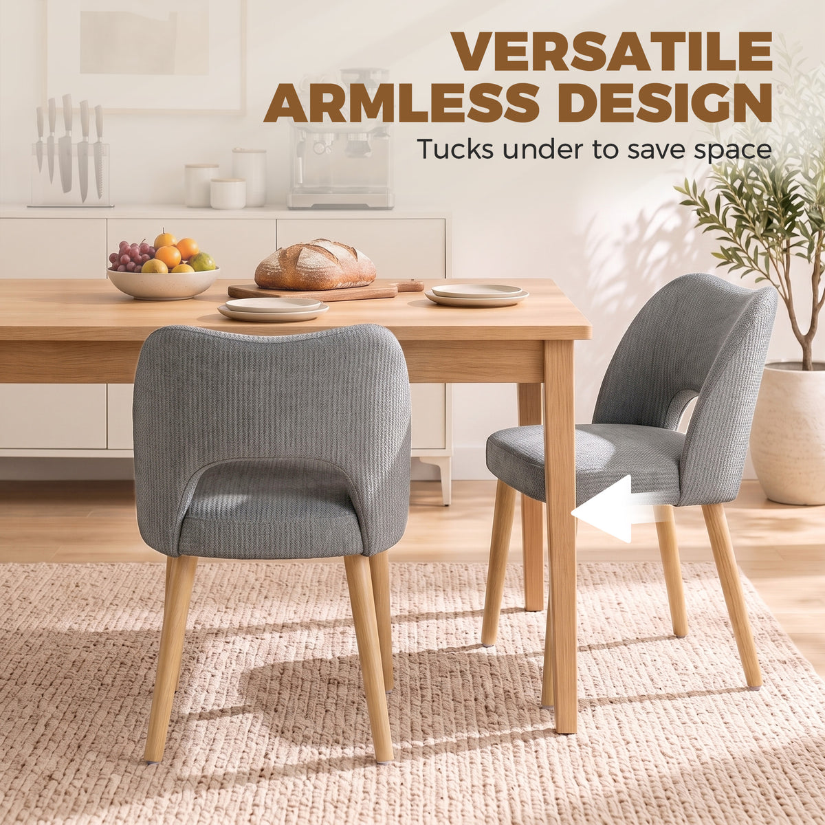 Set of 2 grey chenille dining chairs with compact armless design and curved back