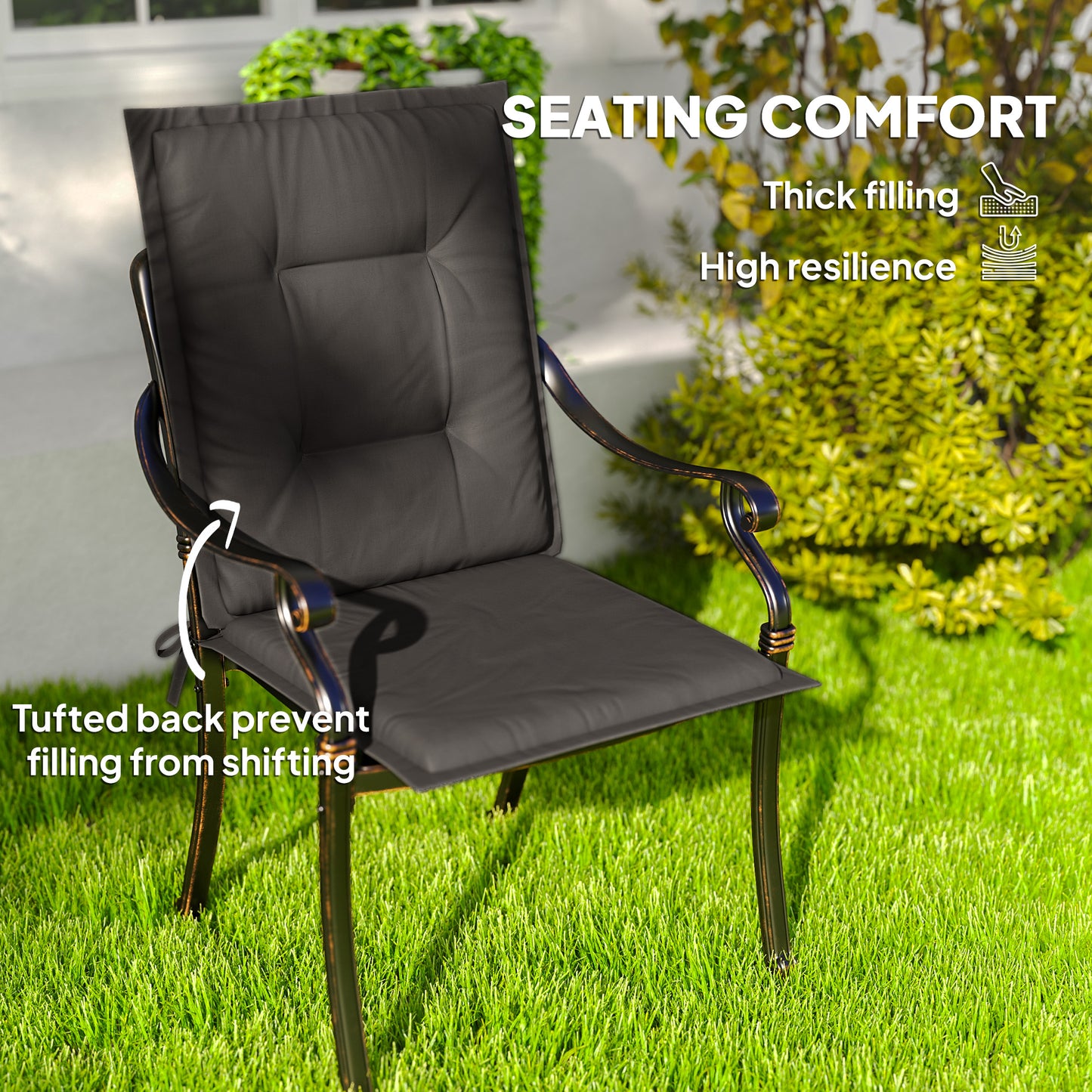 Outsunny Charcoal Grey Padded Garden Seat Cushions Set Of Four With Tufted Back And Tie Fastenings