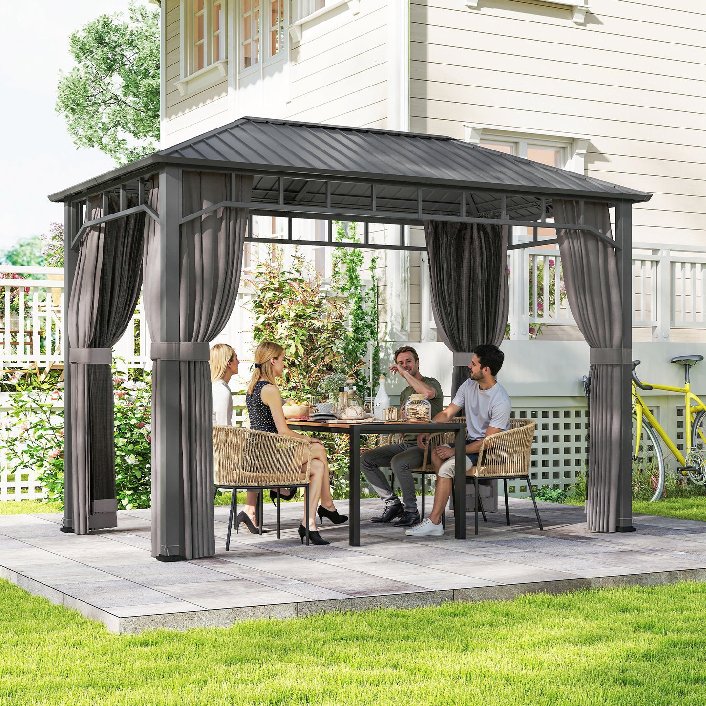 Outsunny 2 x 3.5 m Hardtop Gazebo With Galvanised Steel Roof Waterproof Netting And Curtains For Patio Deck Dark Grey