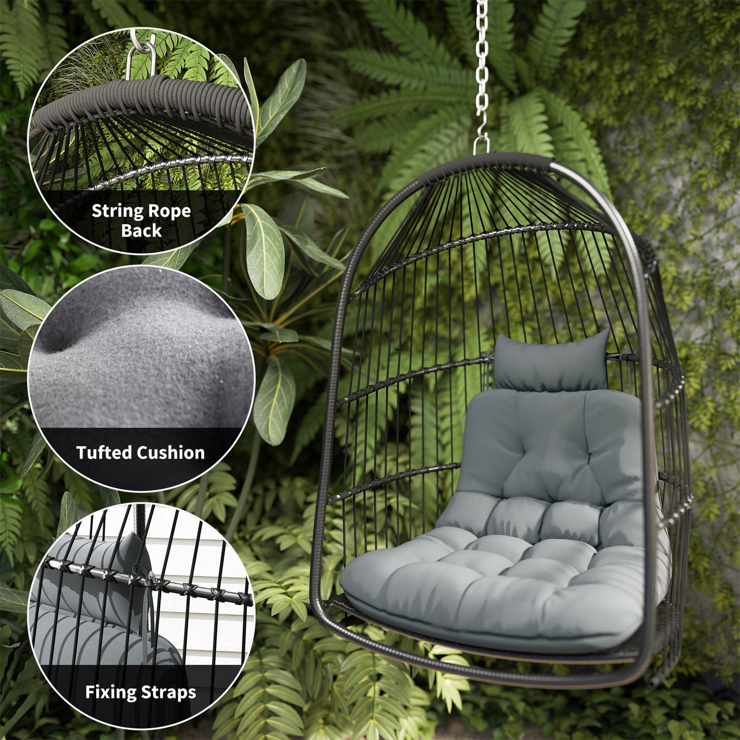 Outsunny Hanging Egg Chair With Foldable Rattan Garden Swing And Thickened Cushion For Indoor Outdoor Patio Dark Grey