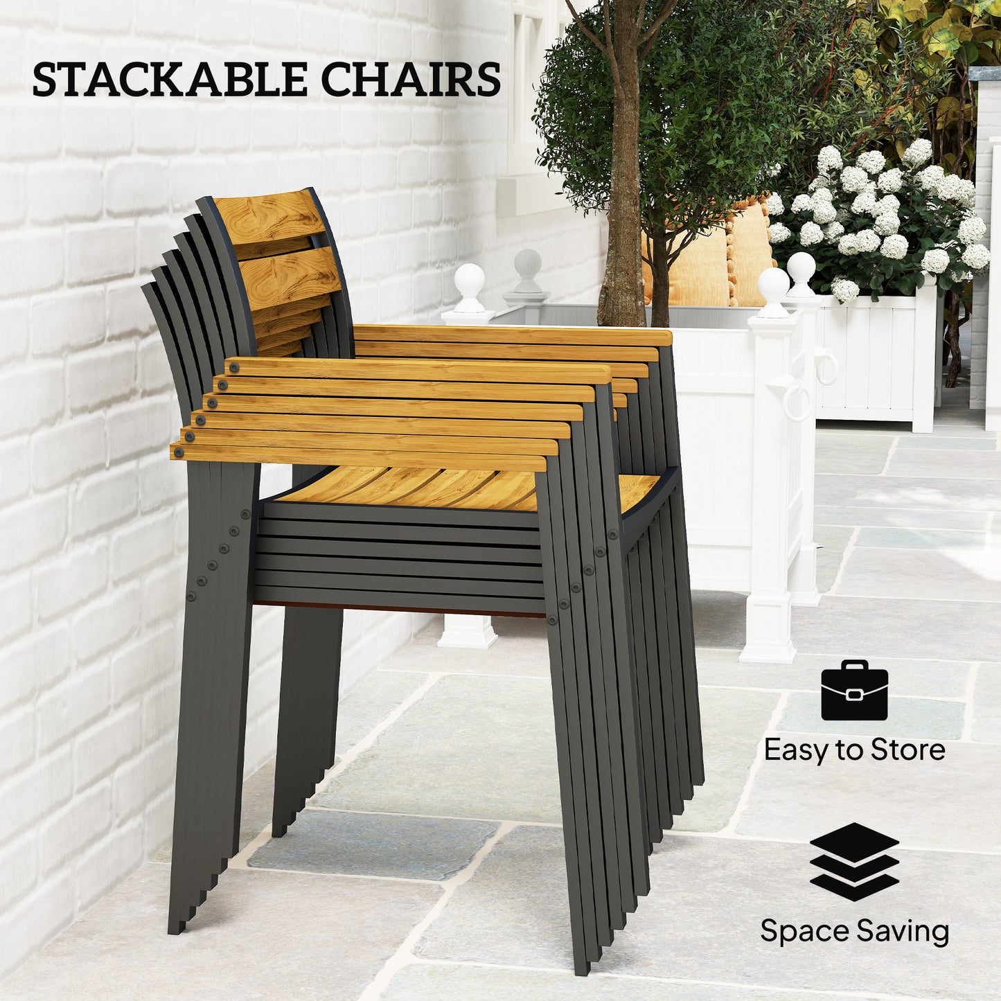Outsunny Seven Piece Wood Panel Patio Dining Set With Table And Six Stacking Chairs Brown Black