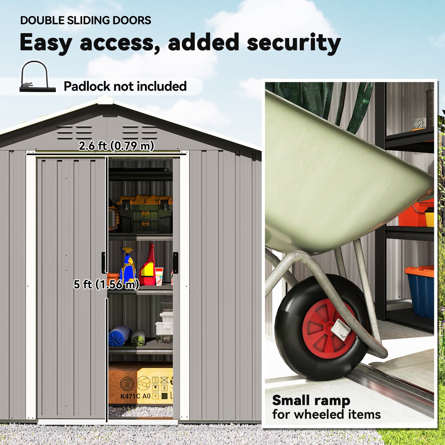 Outsunny 6.5 By 3.5 Feet Galvanised Steel Garden Storage Shed With Double Sliding Doors Light Grey