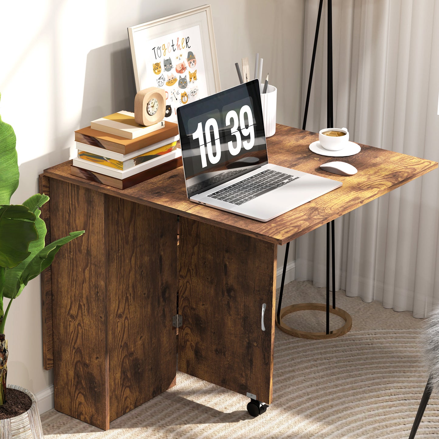 HOMCOM Folding Dining Table 80-140 Cm For 4-6 People Drop Leaf With 2-Tier Shelves And Rolling Casters Rustic Brown