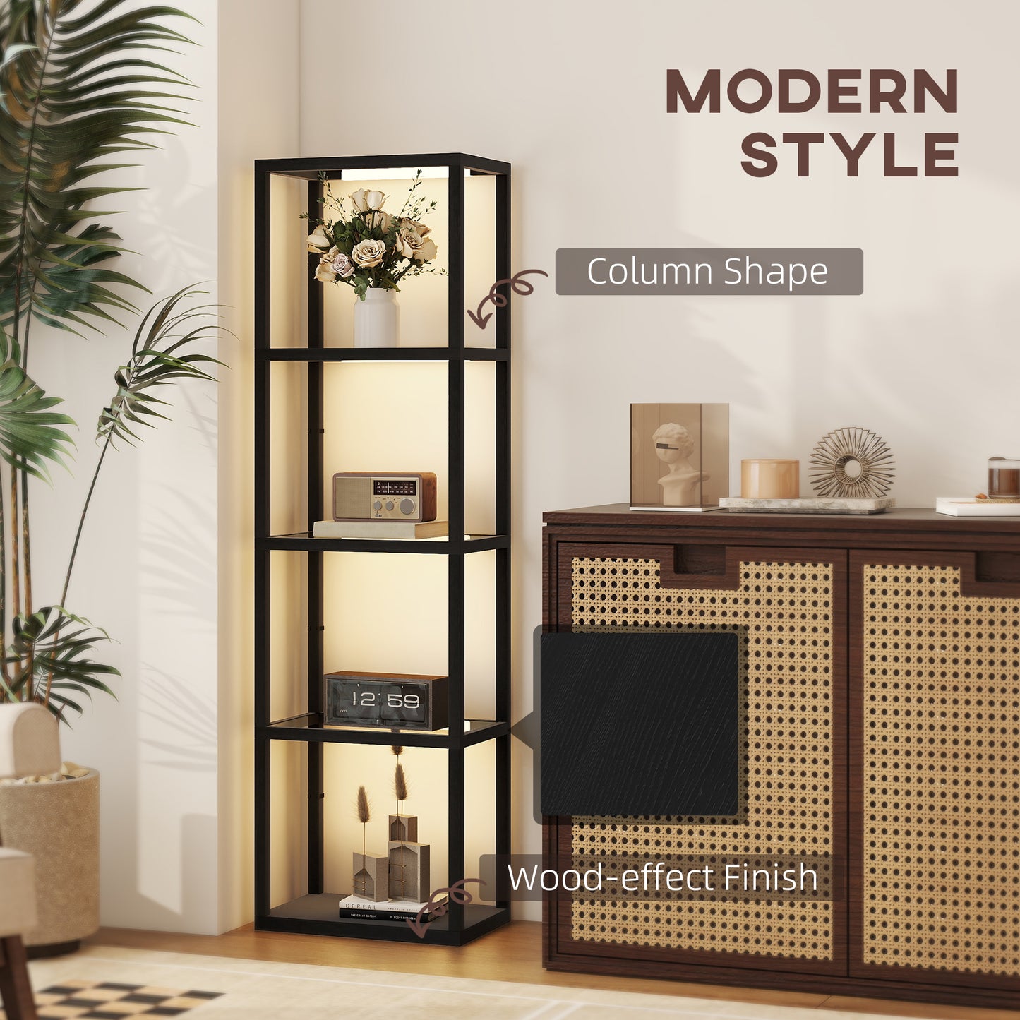 HOMCOM Four Shelf Floor Lamp With Four Warm White LEDs And Storage Shelves And Tempered Glass Black Finish