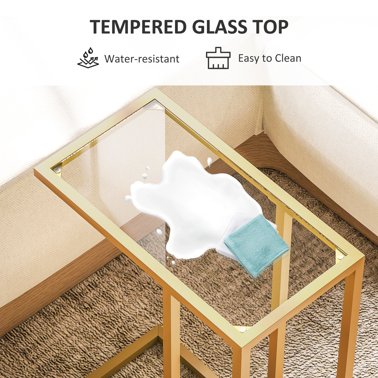 HOMCOM C Shaped Side Table With Tempered Glass Top Slim Gold Tone End Table For Small Spaces