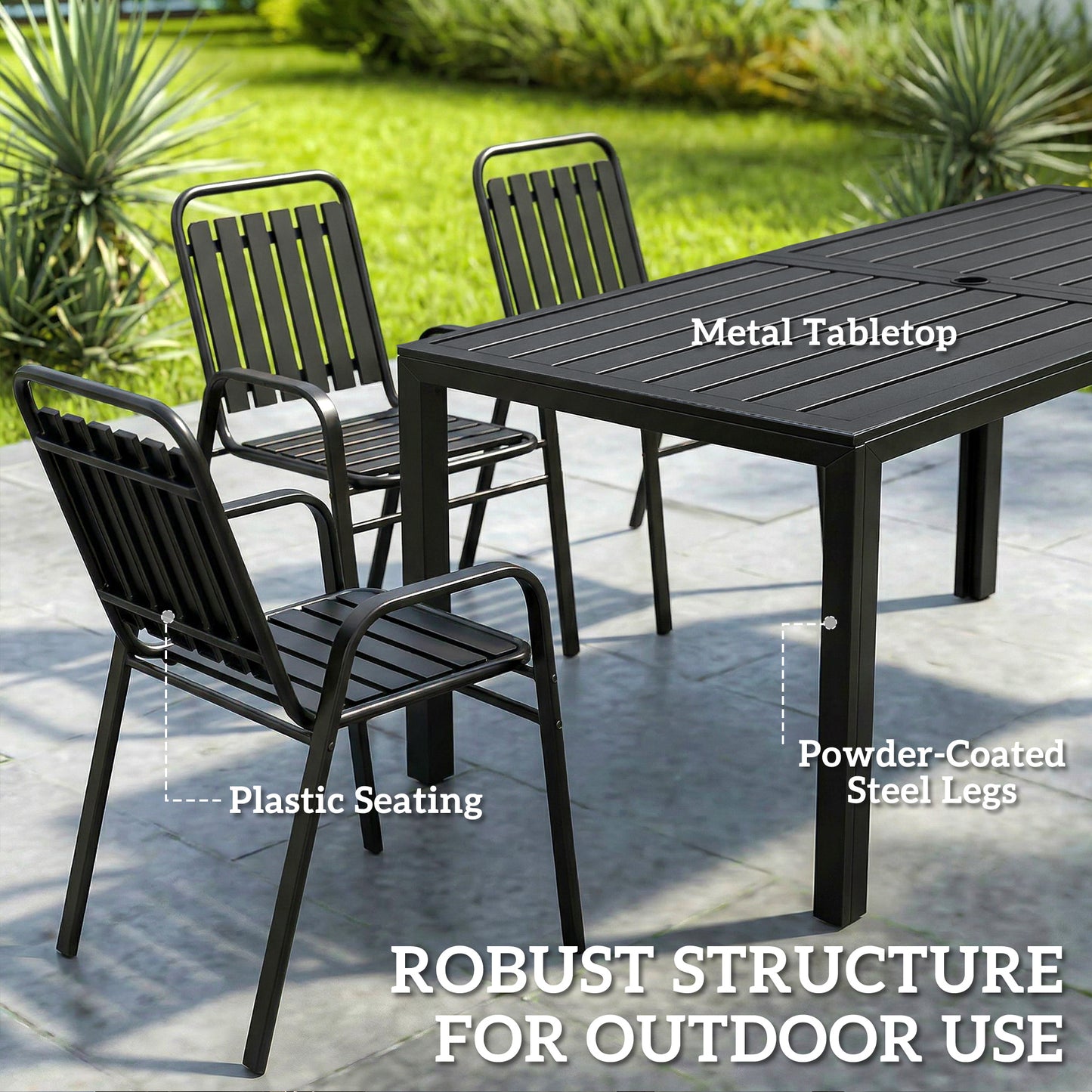 Outsunny 7 Piece Outdoor Dining Set With Umbrella Hole For 6 People Metal Table And Stackable Chairs