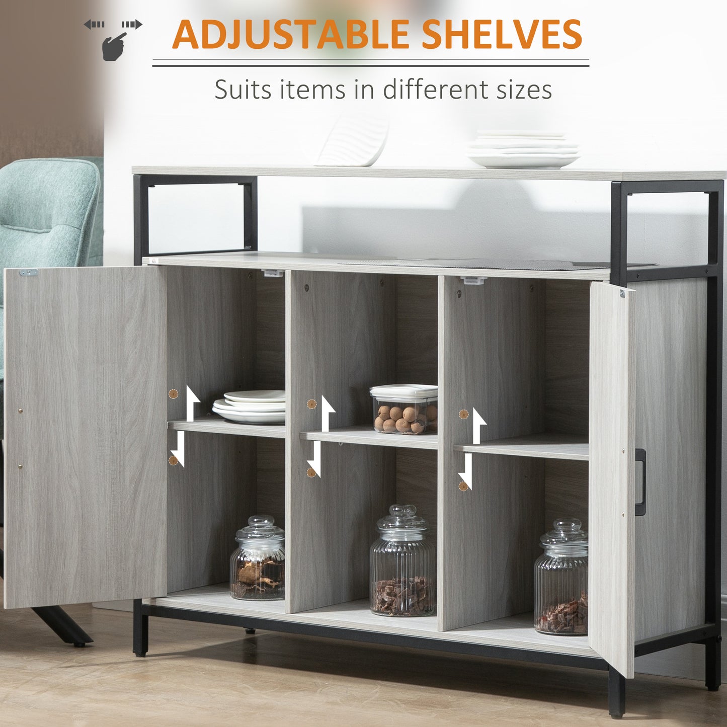 HOMCOM Modern Sideboard Steel Frame Storage Cabinet Two Doors Adjustable Shelves Living Room Hallway Light Grey