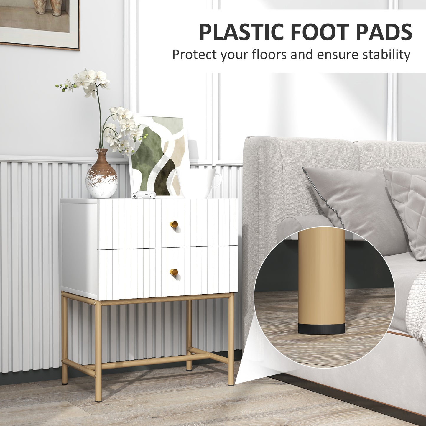 HOMCOM Elegant Two Drawer Bedside Table White With Gold Tone Handles And Metal Base