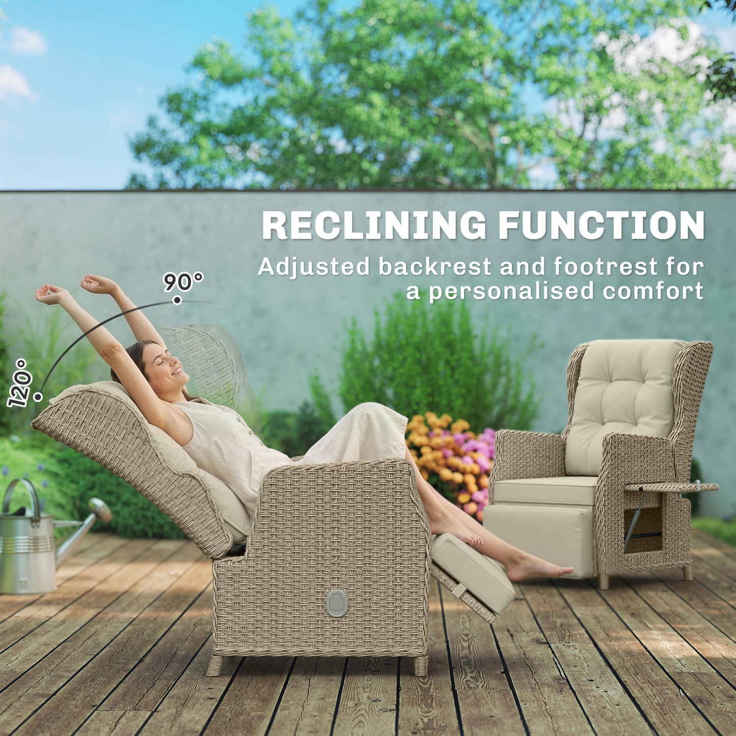 Outsunny Rattan Garden Recliner Chair With Adjustable Back And Footrest Flip Table And Cushion Brown