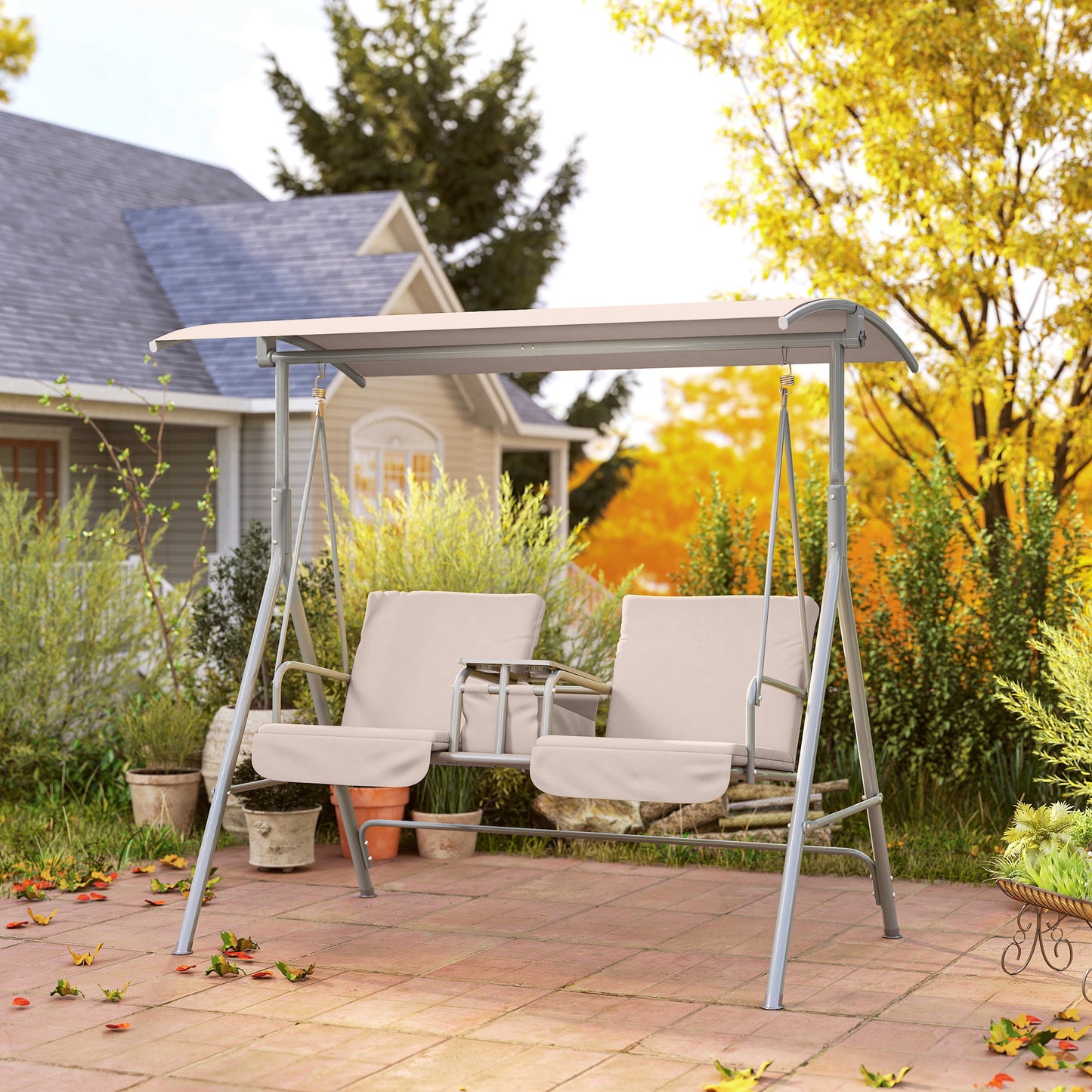 Outsunny 2 Seater Garden Swing Chair Patio Rocking Bench Tilting Canopy Double Padded Seats Storage Bag Tray Beige