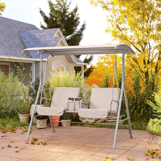 Outsunny 2 Seater Garden Swing Chair Patio Rocking Bench Tilting Canopy Double Padded Seats Storage Bag Tray Beige