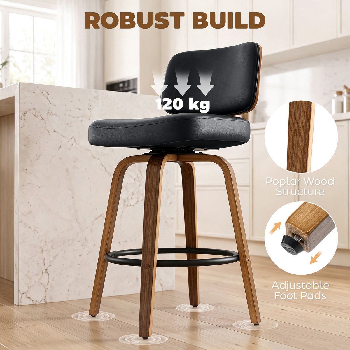 HOMCOM Swivel Bar Stools Set of 2 Padded PU Seats with Backrest and Footrest