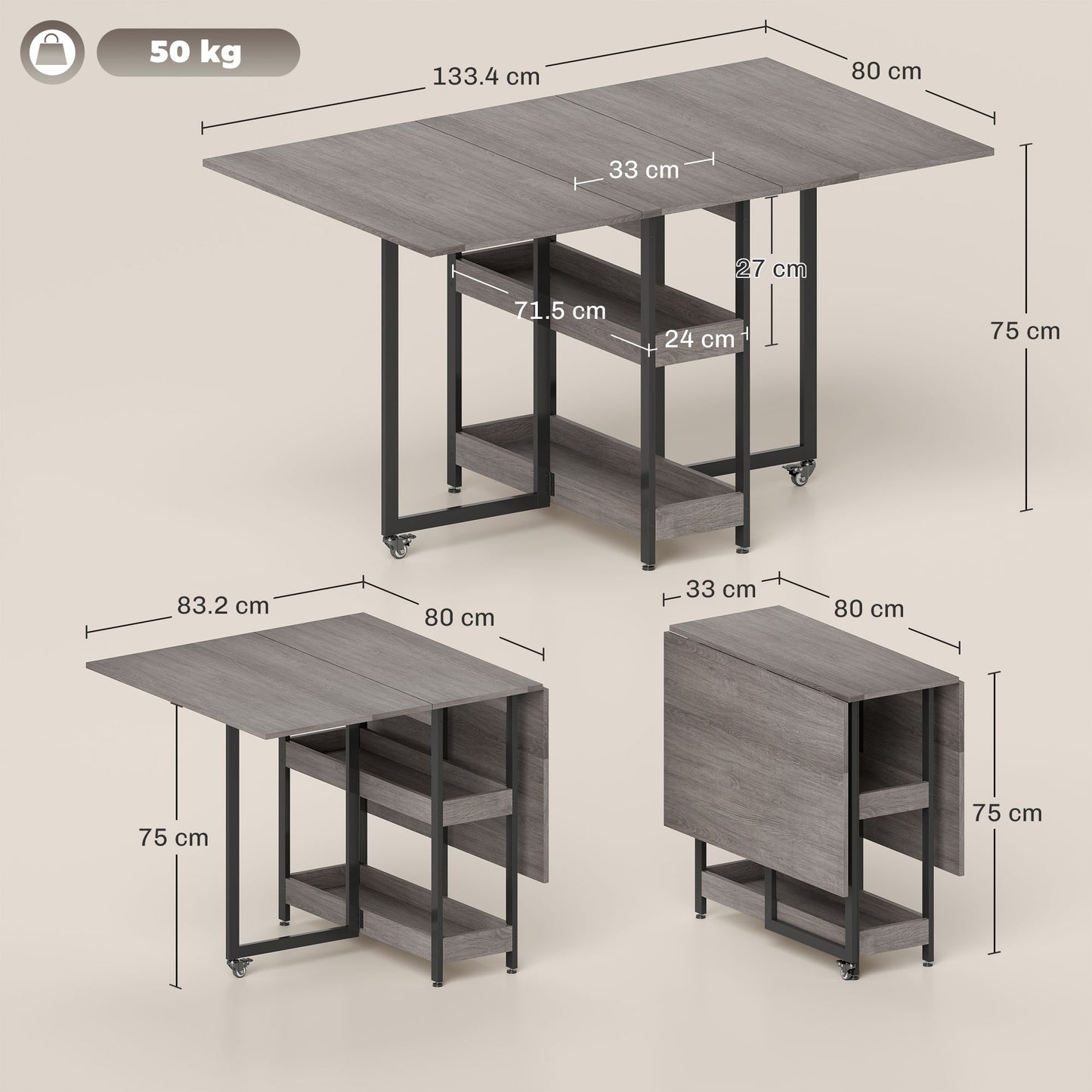 HOMCOM Four Person Drop Leaf Dining Table Grey Wood Effect For Small Spaces Versatile Use