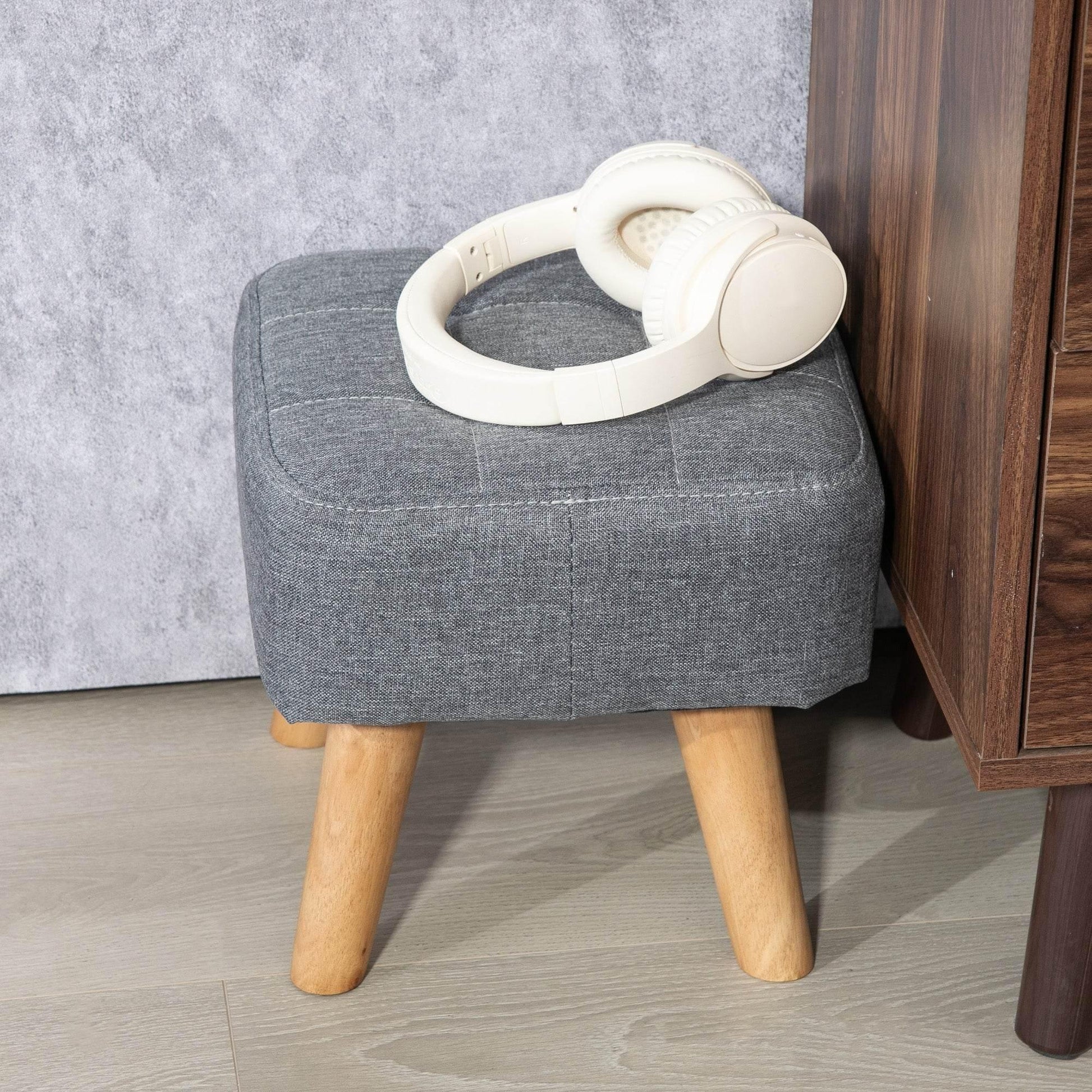 HOMCOM Stylish Grey Tufted Foot Stool with Rubber Wood Legs and Padded Seat for Living Room, Bedroom, and Entryway - ALL4U RETAILER LTD