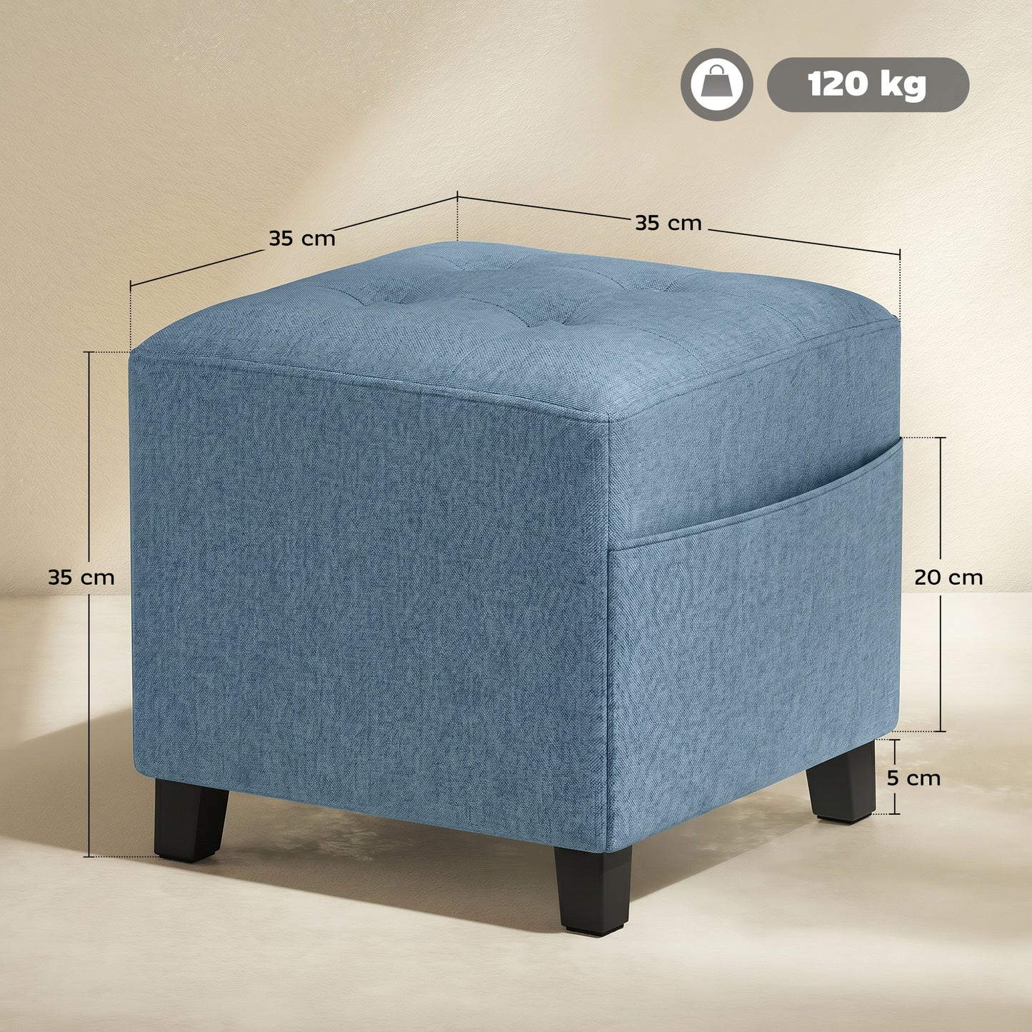 HOMCOM Small Ottoman Square Footstool With Side Pocket Rubber Wood Legs And Padded Seat Dark Blue