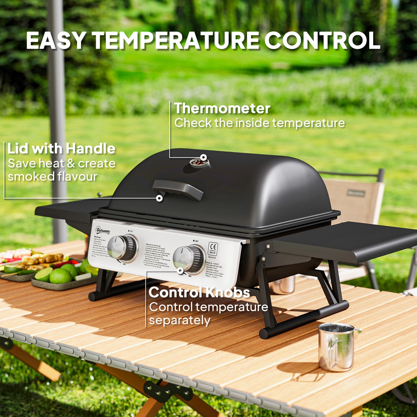 Outsunny Two Burner Compact Gas Grill Black With Piezo Ignition Side Shelves 1800 Square Centimeters Grilling Area
