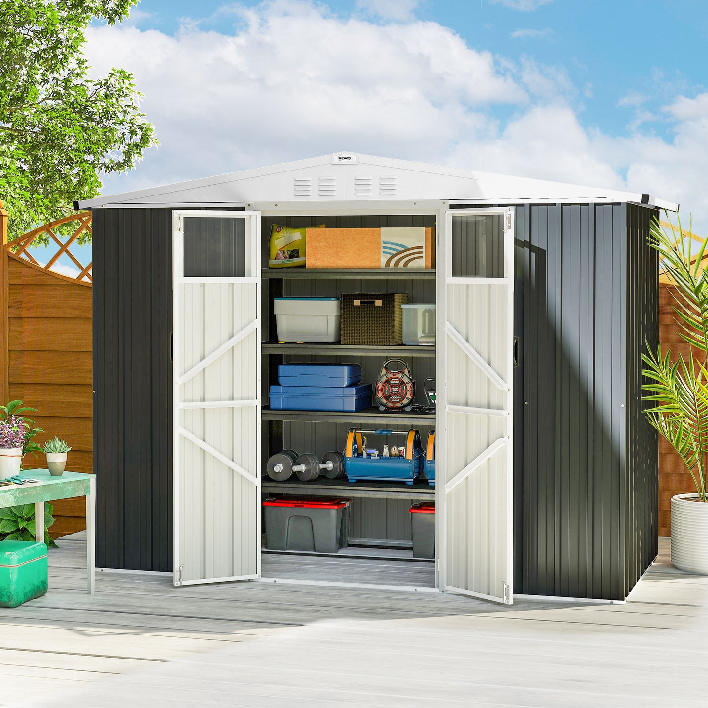 Outsunny 8x4 Ft Metal Garden Shed With Lockable Door Window And Four Vents Waterproof Galvanised Steel Dark Grey