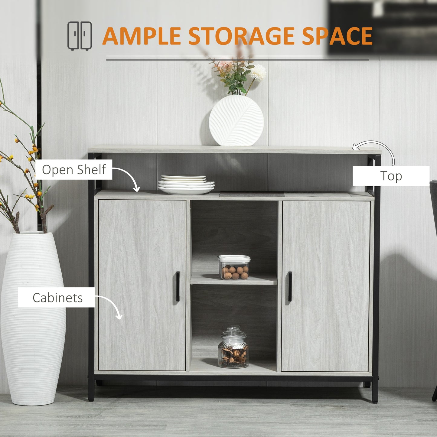 HOMCOM Modern Sideboard Steel Frame Storage Cabinet Two Doors Adjustable Shelves Living Room Hallway Light Grey