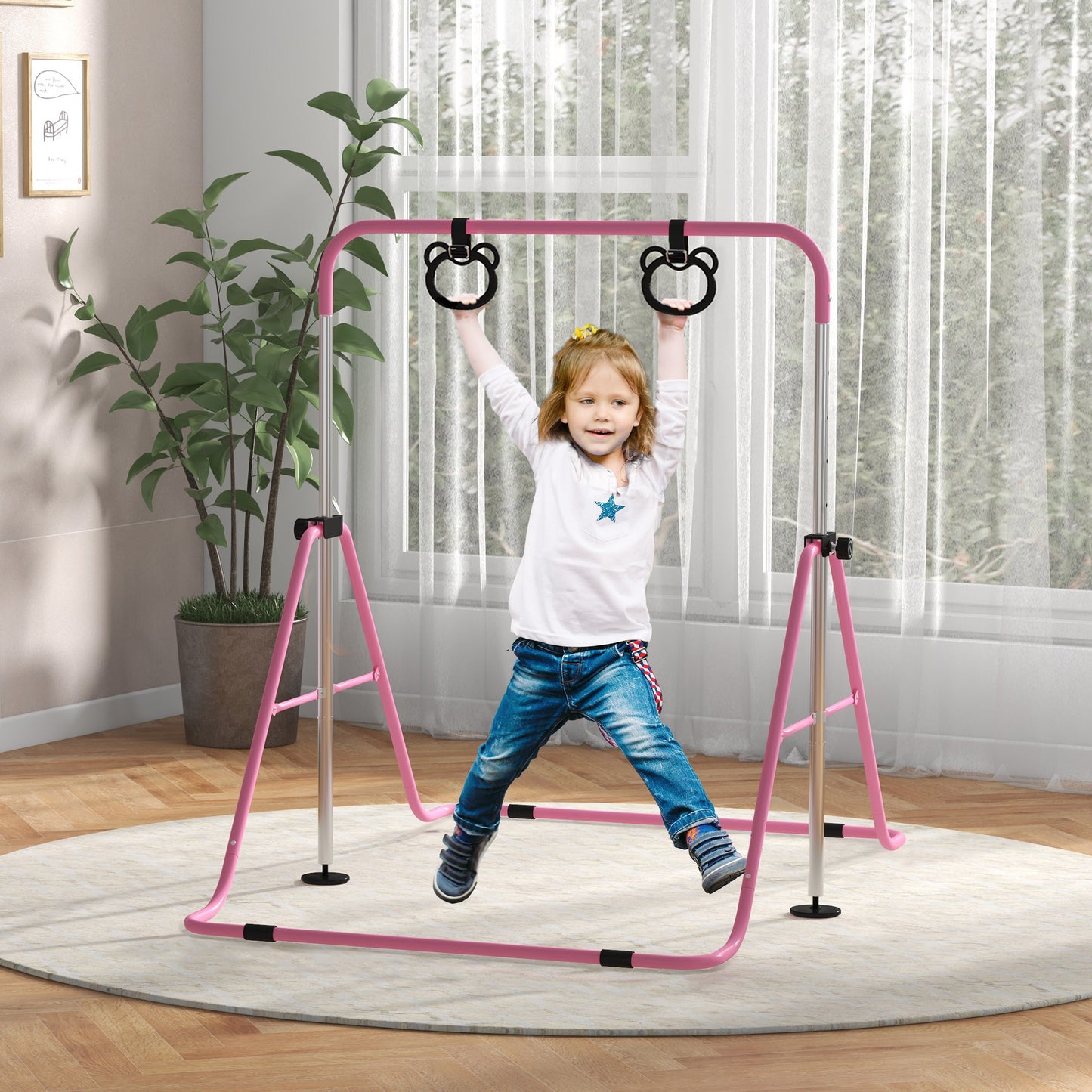 ZONEKIZ Foldable Adjustable Height Kids Gymnastics Bar with Non-Slip Mats - Pink, Ideal for Ages 3+ - ALL4U RETAILER LTD