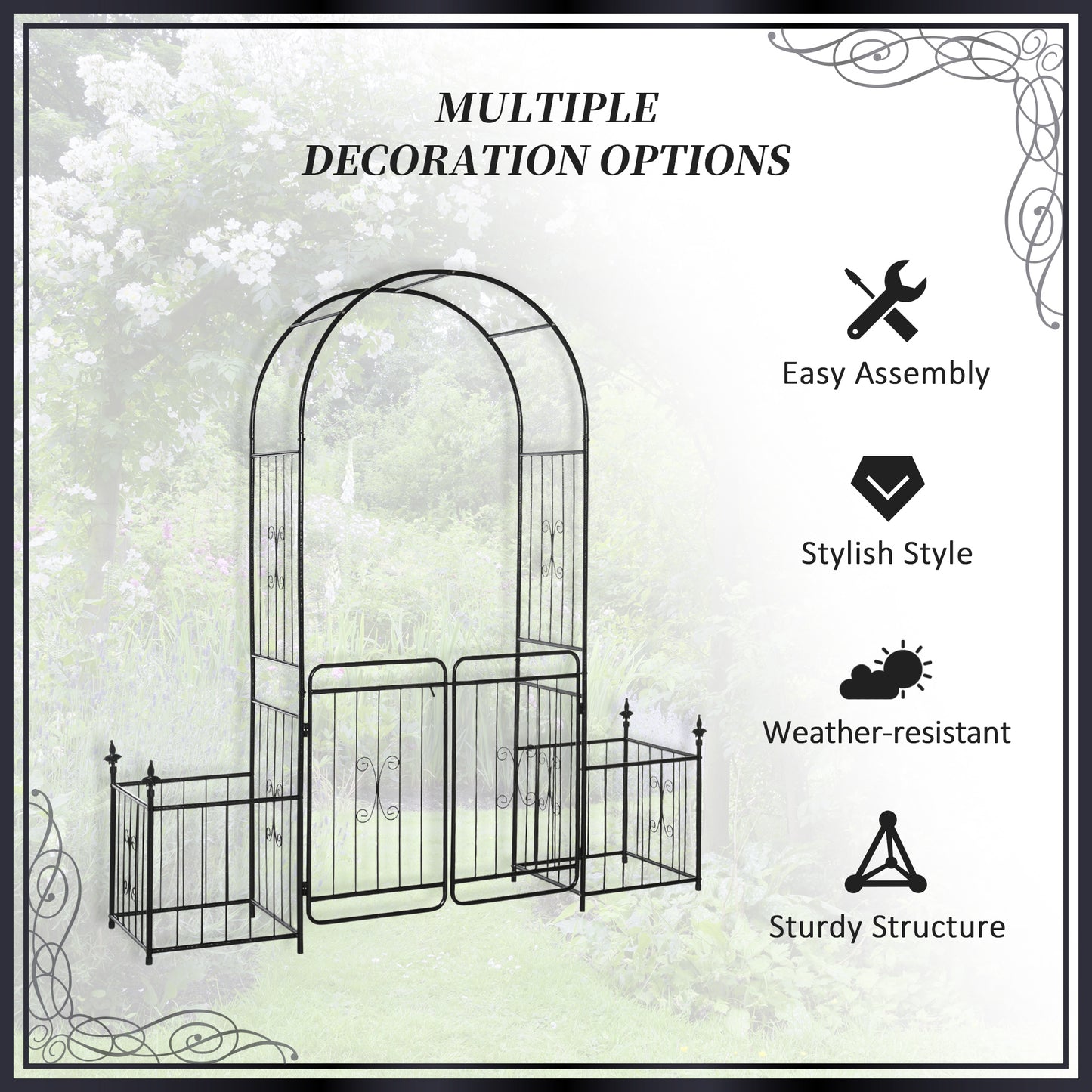 Outsunny Metal Garden Arbor Arch With Double Doors And Two Side Planter Baskets Climbing Vine Frame Black