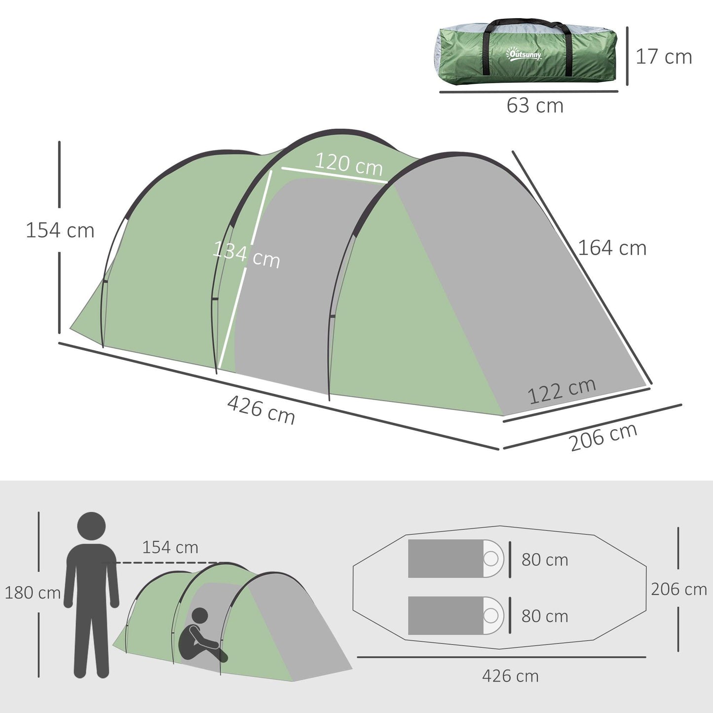 Outsunny Tunnel Tent, 2-3 Person Camping Tent with Sewn-in Groundsheet, Air Vents, Rainfly, 2000mm Water Column, Green - ALL4U RETAILER LTD