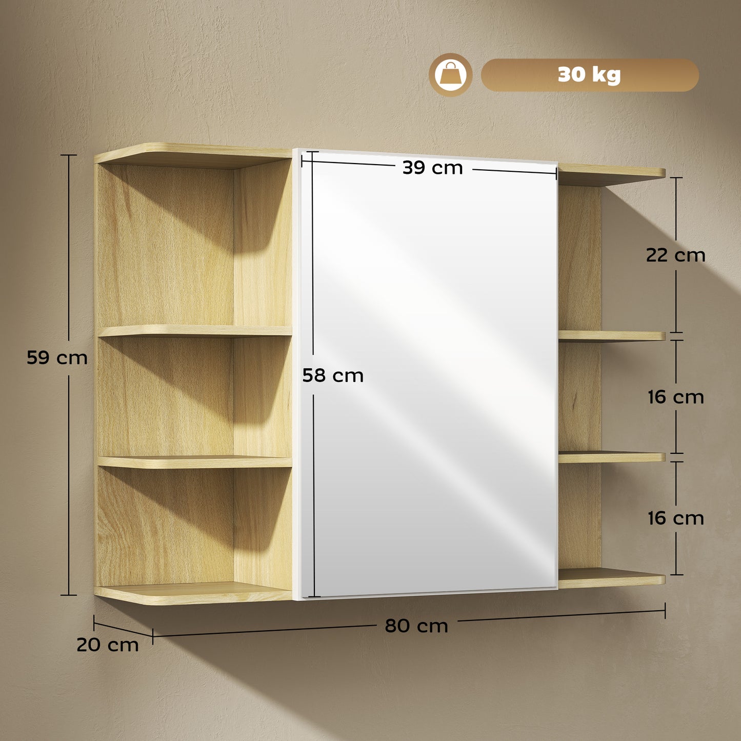 HOMCOM Bathroom Mirror Cabinet With Open Shelves And Hidden Storage In Natural Wood Finish