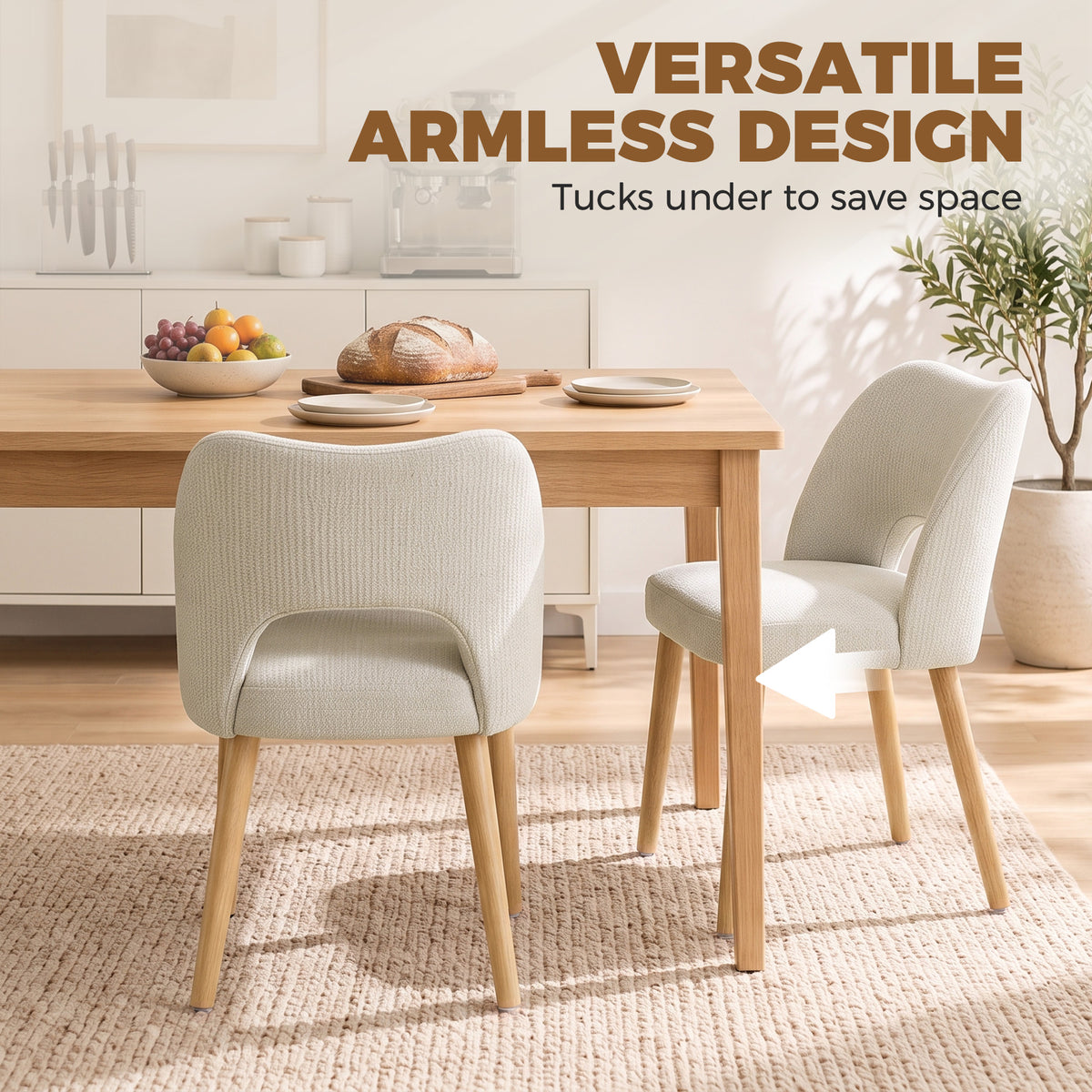 Beige upholstered dining chair with curved armrests, cushioned seat, and light wood legs.