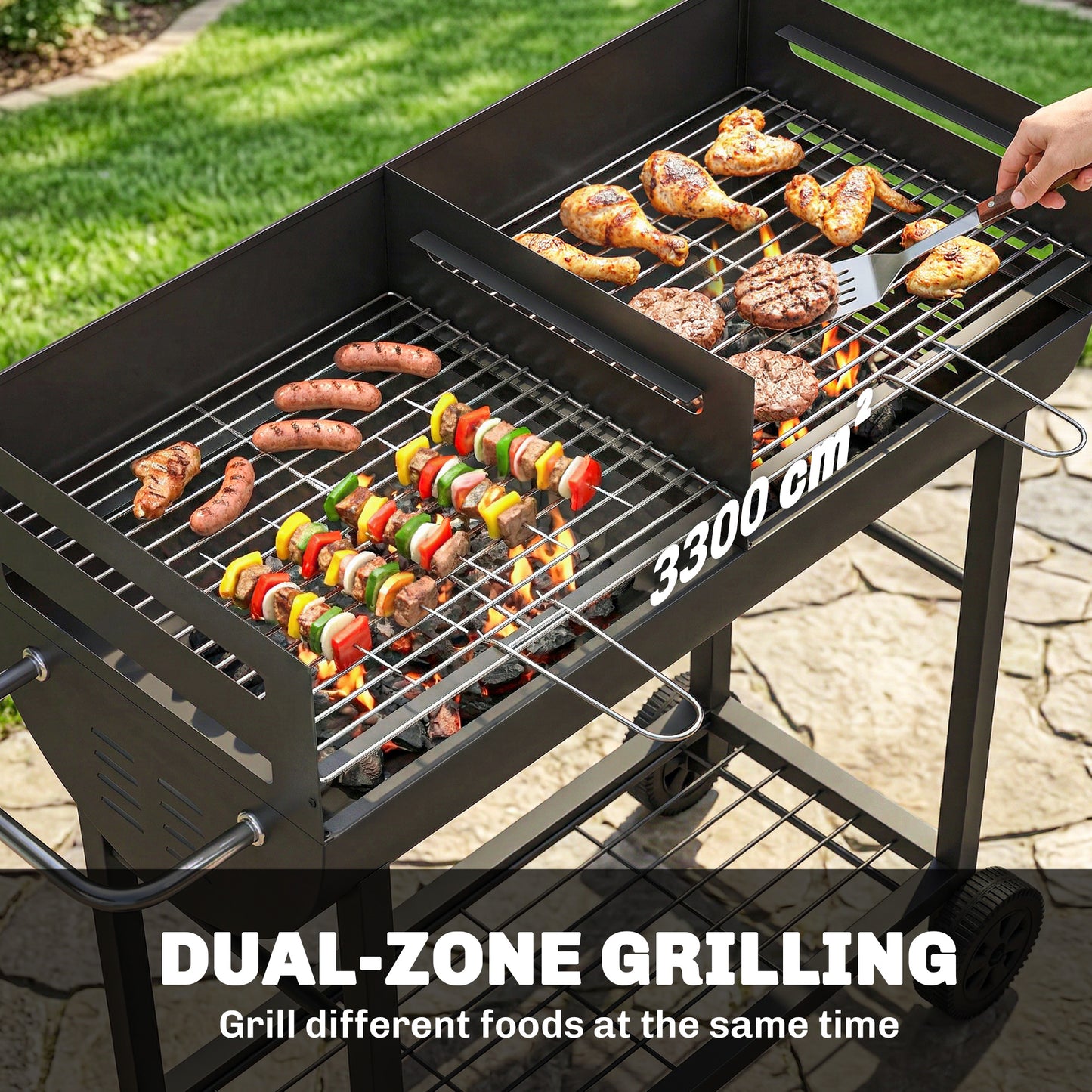 Outsunny Charcoal Grill With Dual Cooking Zones Portable BBQ Trolley Wheels Height Adjustable Grates And Bottom Shelf