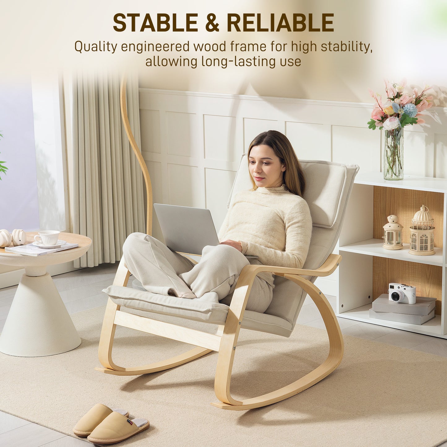 HOMCOM Comfortable Upholstered Rocking Chair Recliner With High Back And Headrest In Cream White For Living Room Bedroom