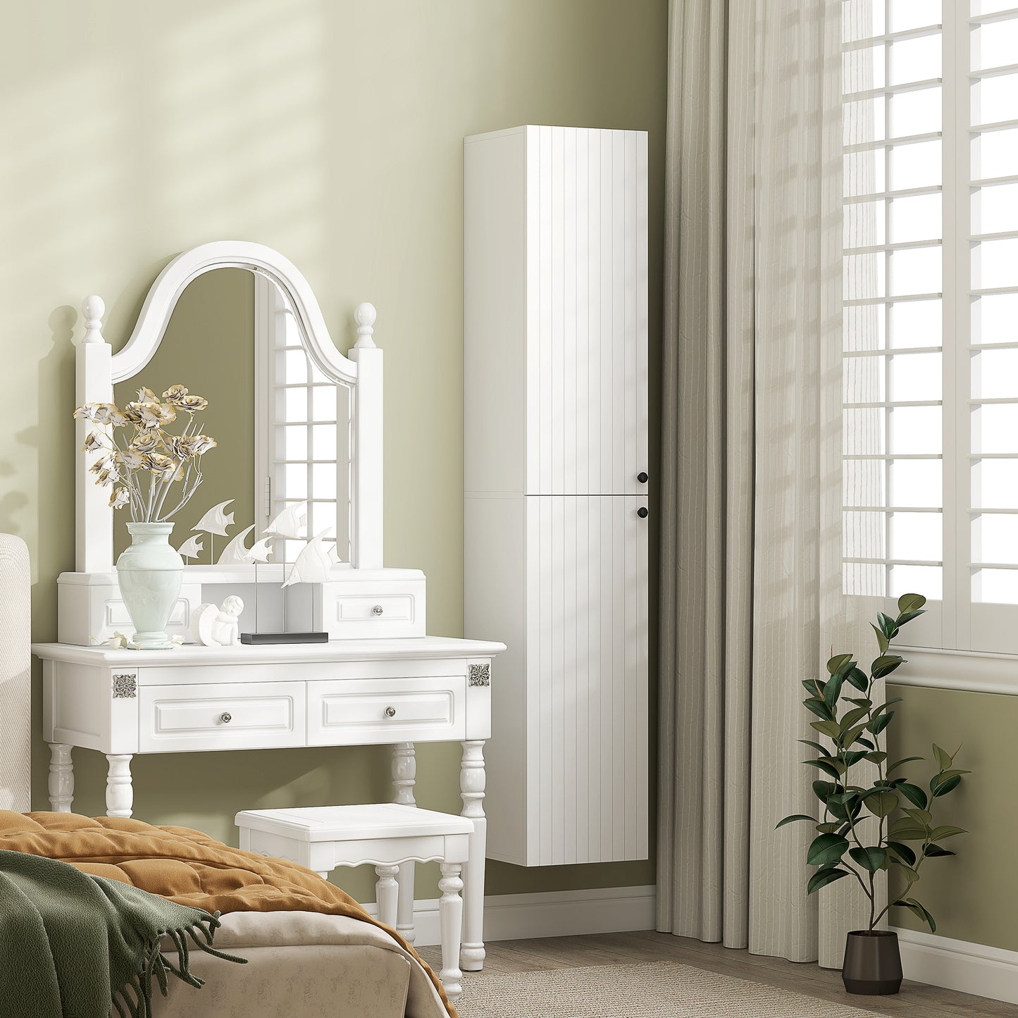 HOMCOM Wall Mounted Tall Bathroom Storage Cabinet With Soft Close Hinges Slim Two Door Bathroom Cabinet White