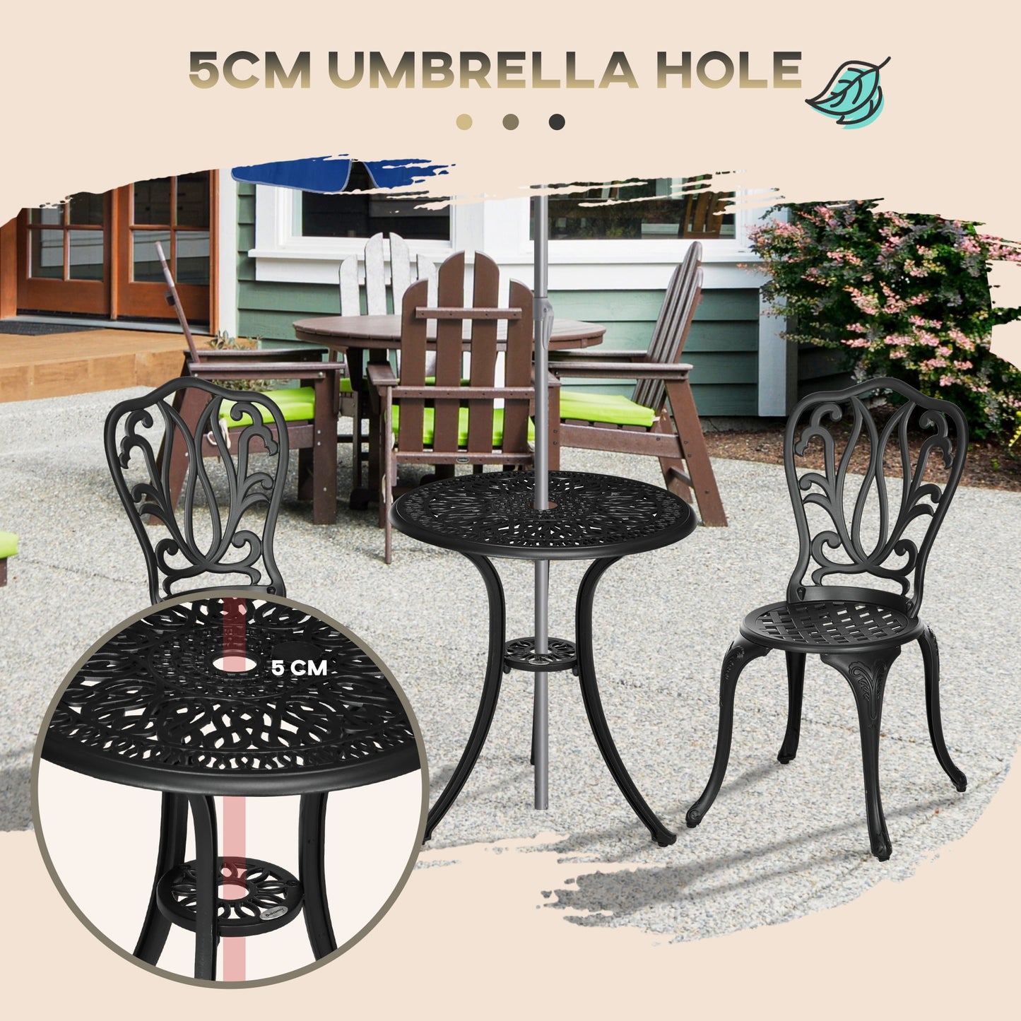 Outsunny 3 Piece Garden Bistro Set Cast Aluminium Outdoor Furniture With Umbrella Hole For Balcony Porch Patio Black