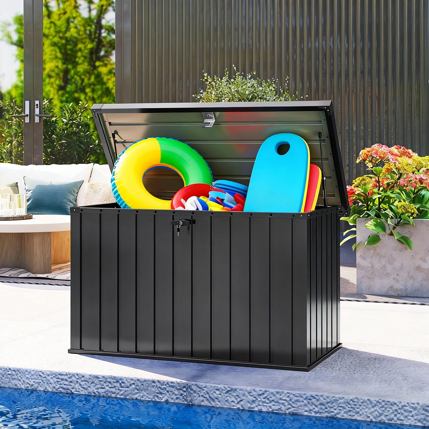 Outsunny 400L Galvanised Steel Garden Storage Box Black Weatherproof Outdoor Cushions Tools Storage
