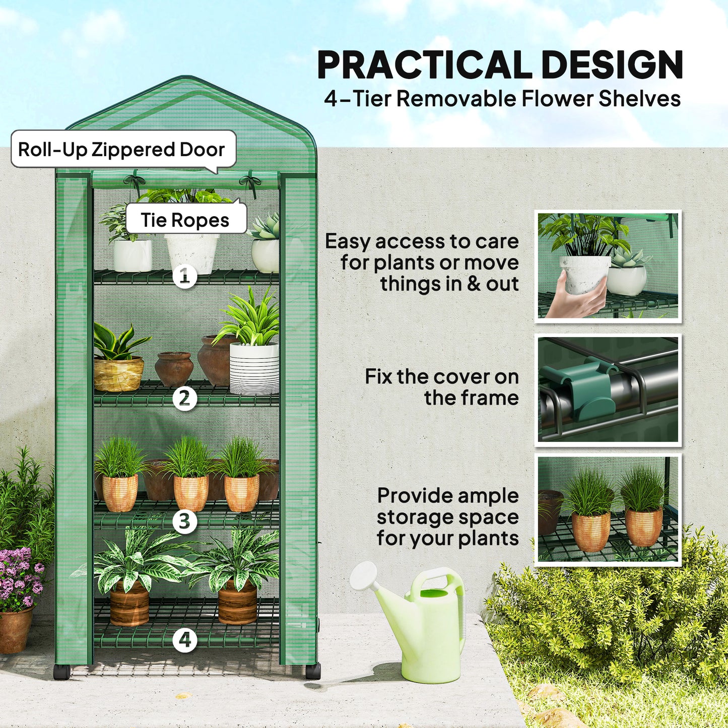 Outsunny 4 Tier Portable Greenhouse With Lockable Wheels Metal Frame PE Cover Green