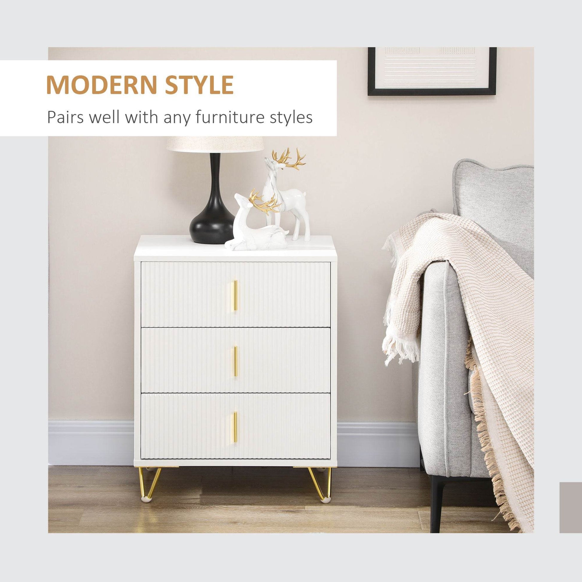 HOMCOM Chic Three-Drawer Storage Unit - White with Gold Accents - ALL4U RETAILER LTD