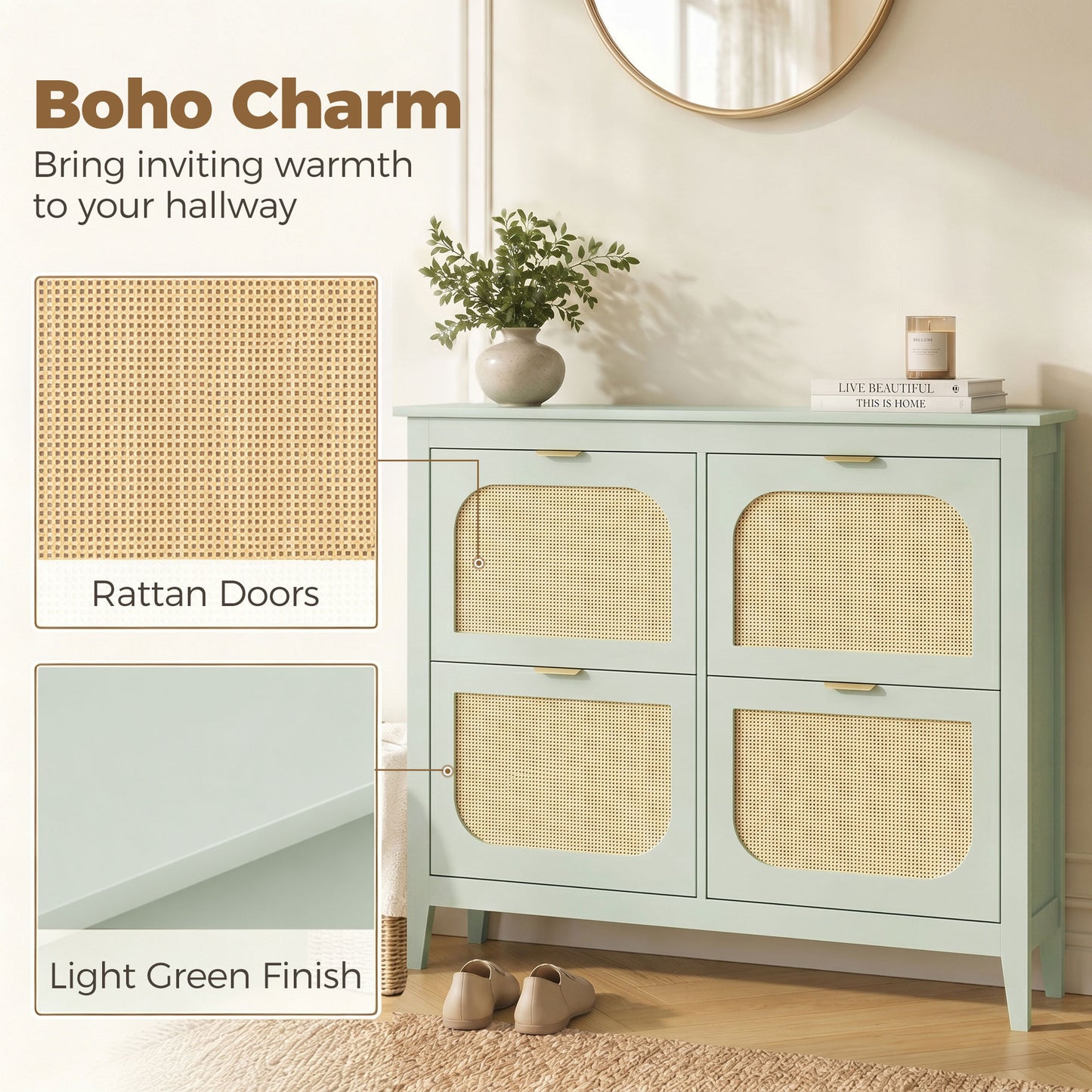 HOMCOM Narrow Boho Slim Shoe Cabinet With 4 Flip Drawers Holds 20 Pairs Light Green Entryway Organizer