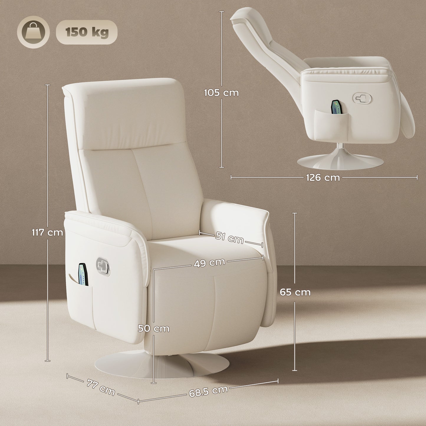HOMCOM 10 Point Massage Recliner Armchair Cream With 135 Degree Back Recline And Retractable Footrest