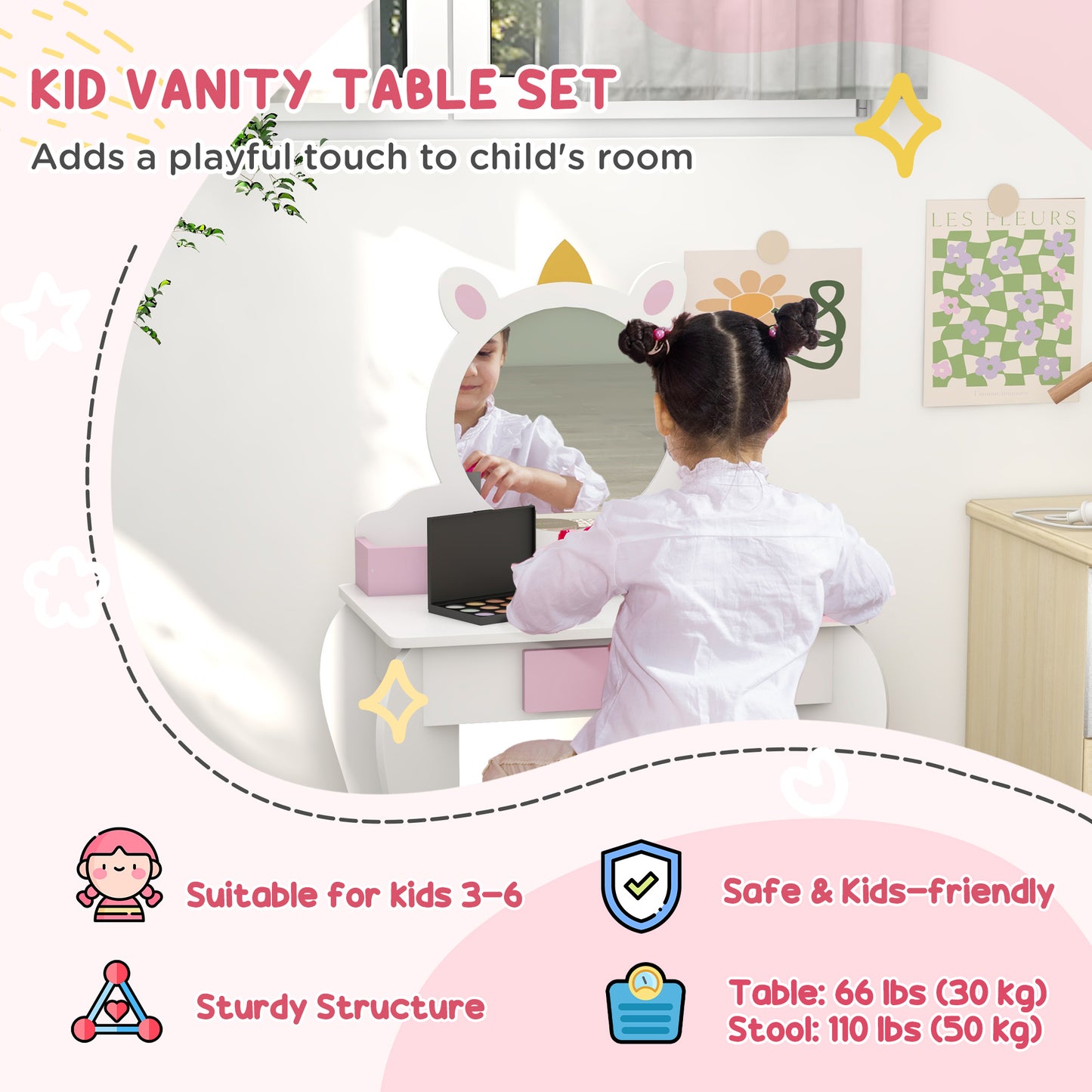 ZONEKIZ Kids Bedroom Furniture Set Kids Dressing Table Mirror Stool Toddler Bed Frame 3-6 Years Unicorn Design - ALL4U RETAILER LTD