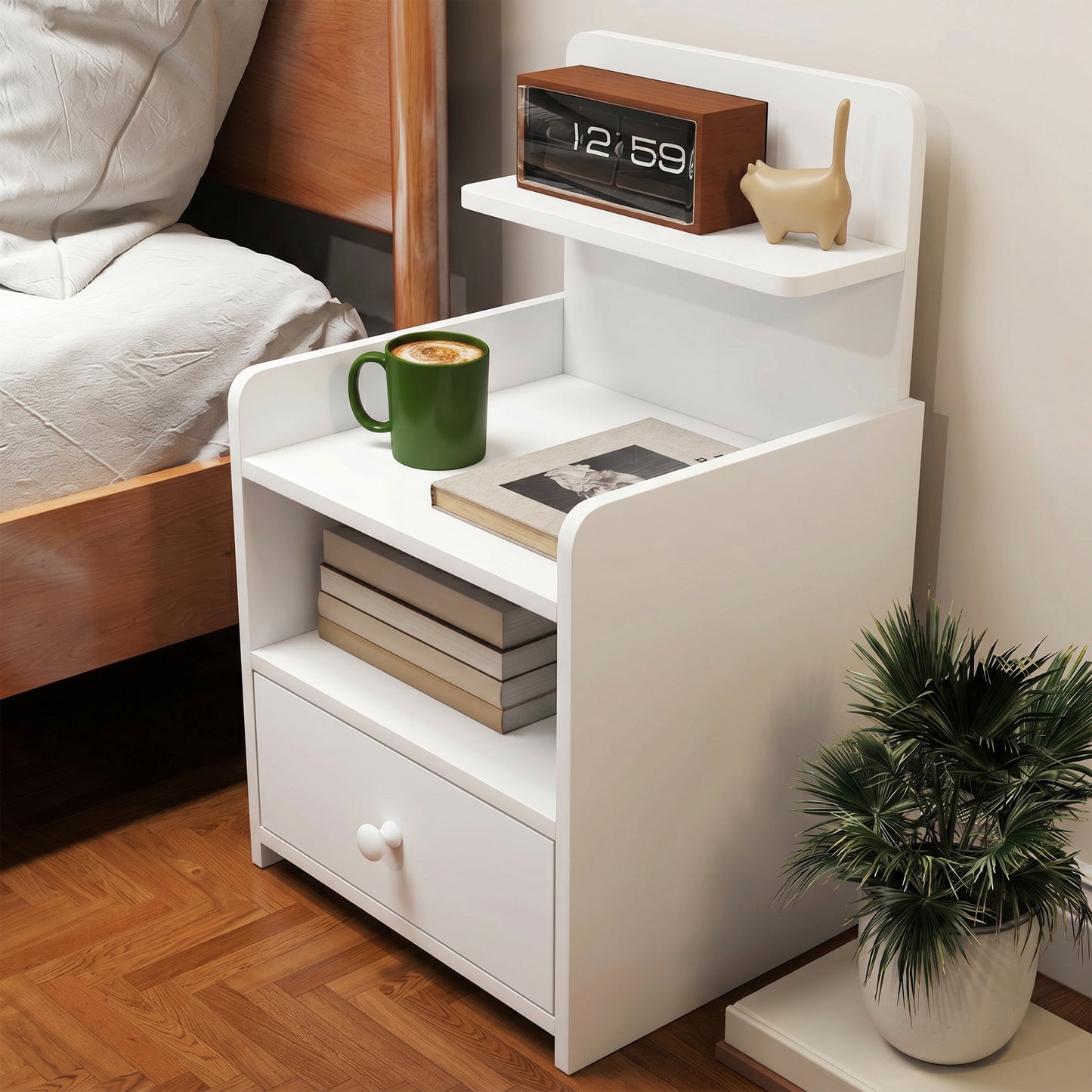 HOMCOM Bedside Cabinet With Drawer And Shelves White Nightstand For Living Room And Bedroom