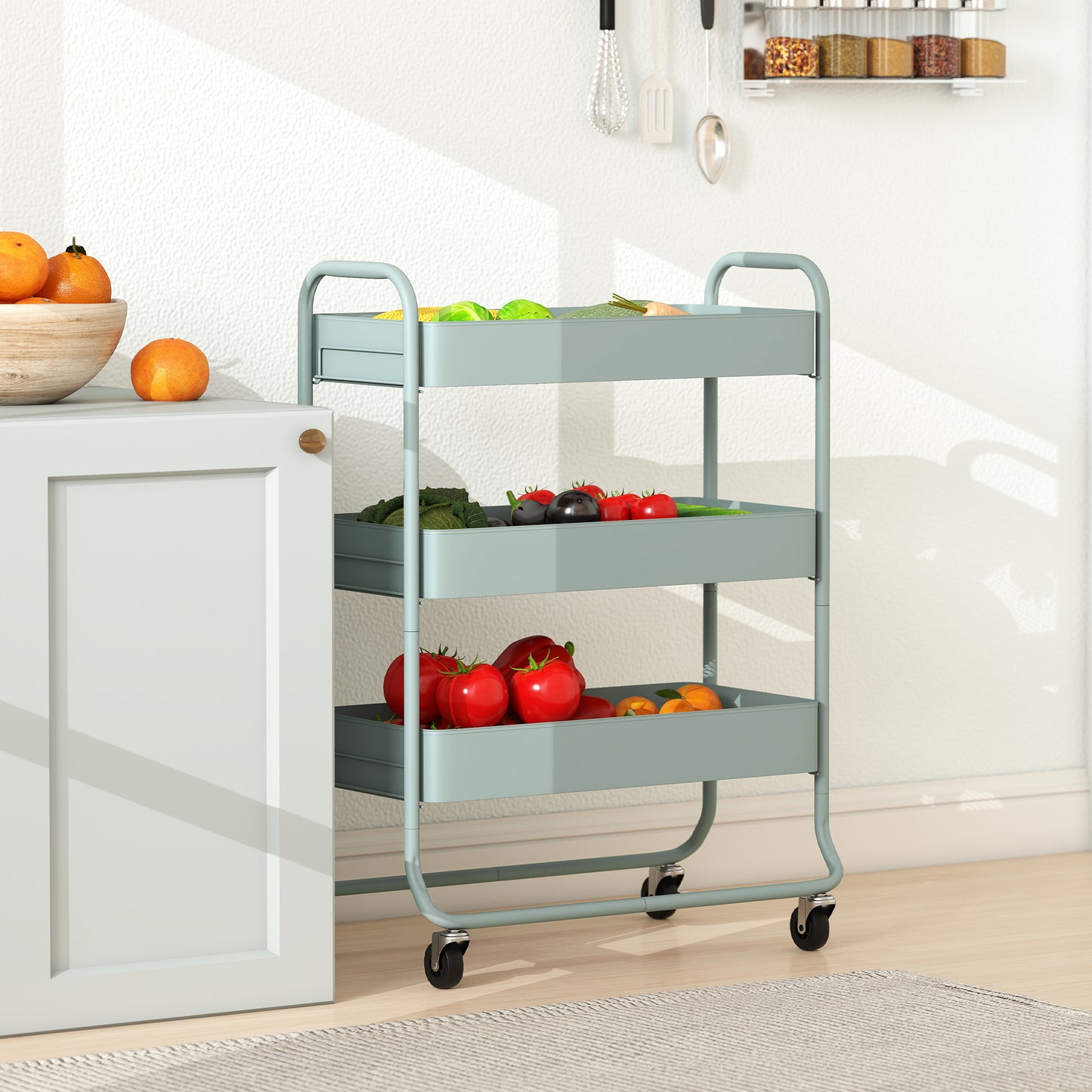 HOMCOM 3 Tier Storage Trolley On Wheels Rolling Utility Cart With Mesh Baskets For Kitchen Bathroom Bedroom Light Green