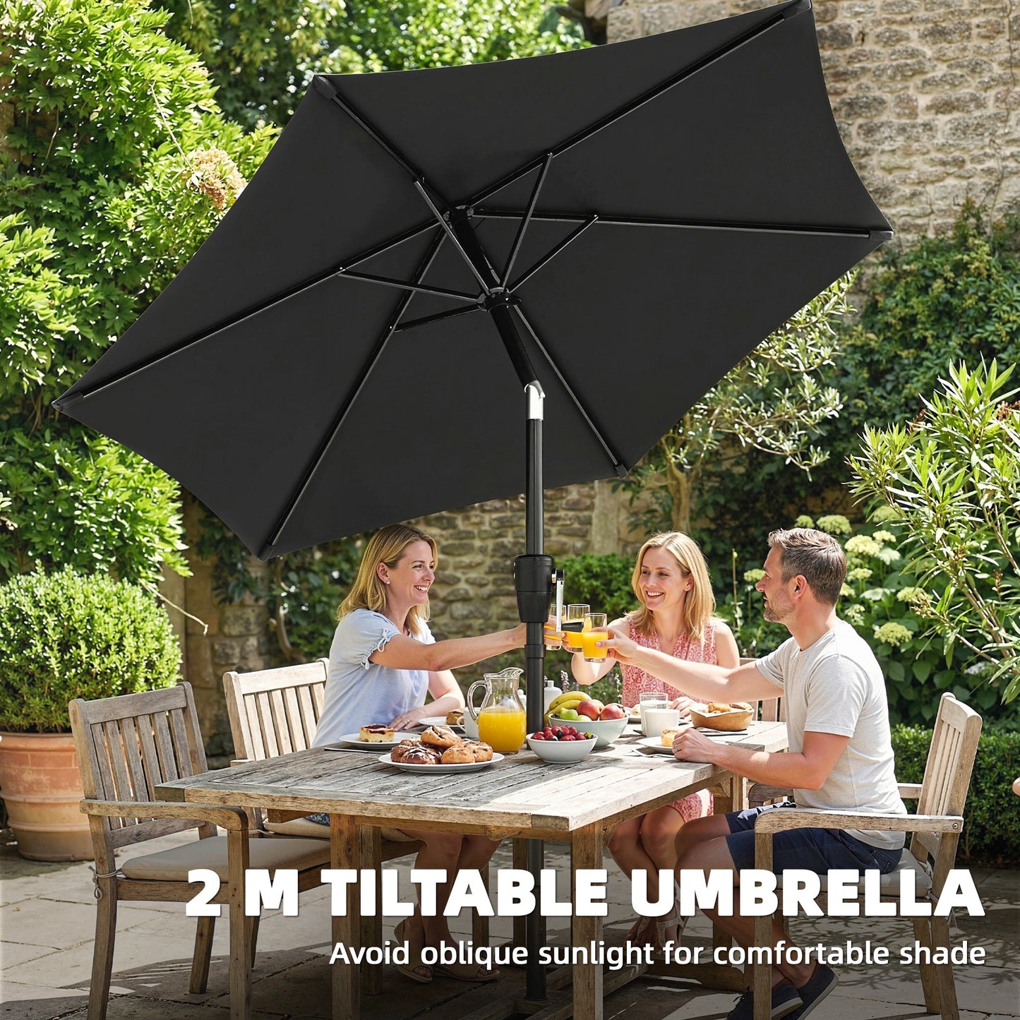 Outsunny 2m Garden Parasol Umbrella With Crank Handle And Tilt Function UV30+ Protection For Outdoor Tables