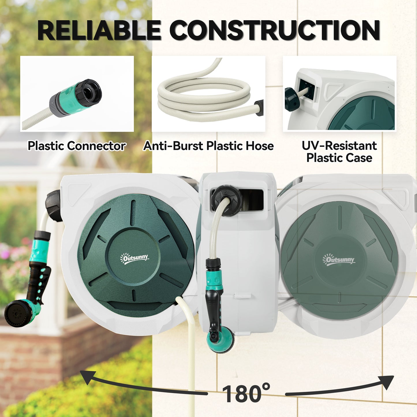 Outsunny Retractable Wall Mounted Hose Reel With 30 Meter Hose Auto Rewind 180 Degree Swivel 7 In 1 Nozzle