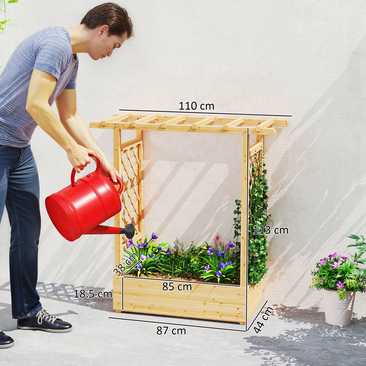 Outsunny Wooden Garden Planter With Trellis Raised Bed Box For Vegetables Herbs And Flowers 110 x 44 x 113 cm Natural