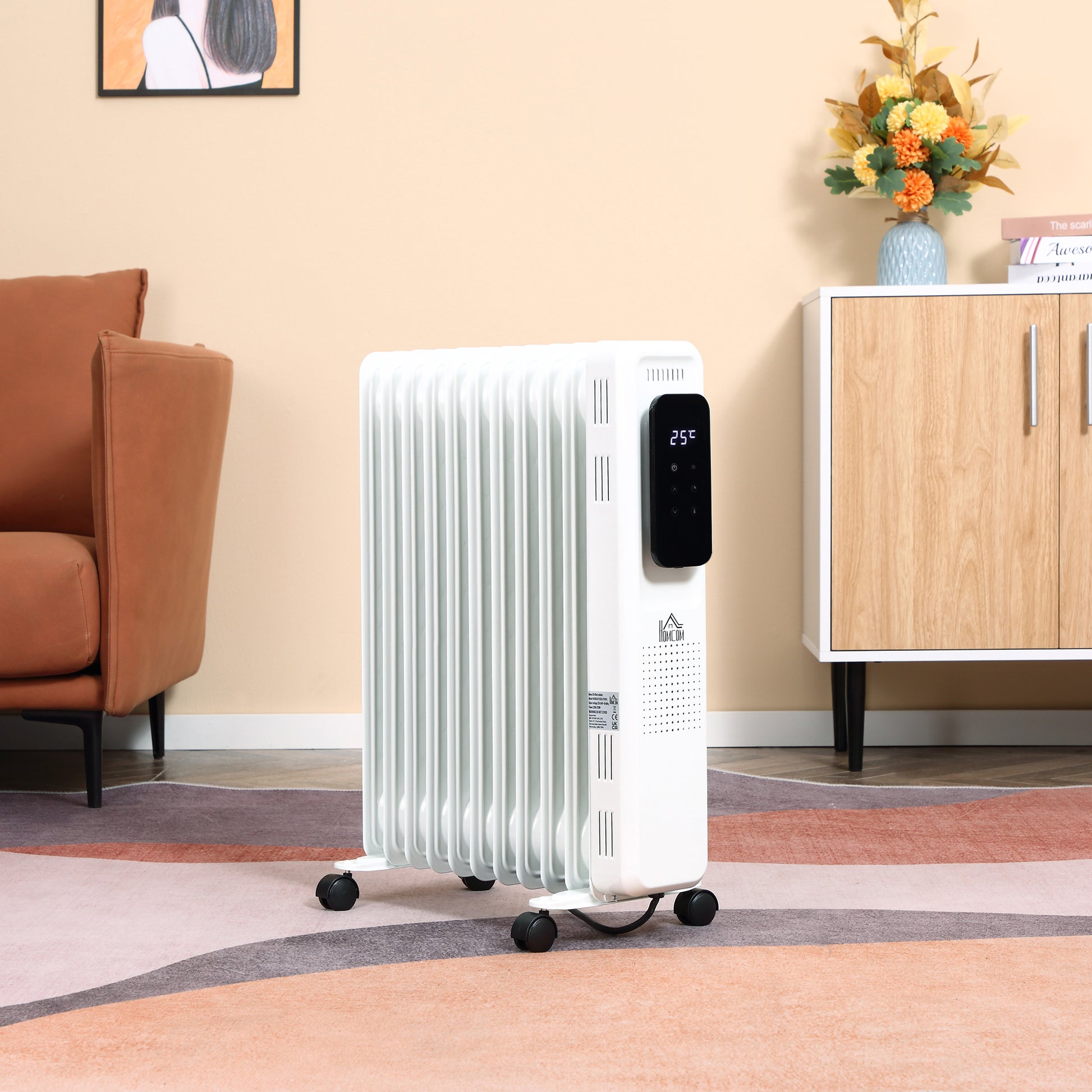 HOMCOM 2720W 11-Fin Oil Filled Portable Electric Heater with Adjustable Thermostat, LED Display, and 24-Hour Timer - White - ALL4U RETAILER LTD