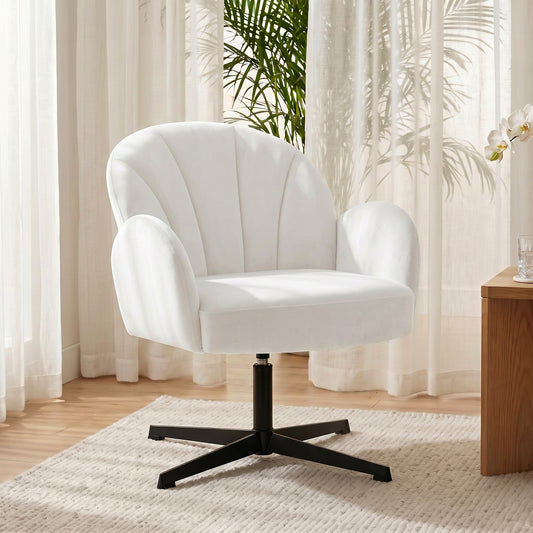 HOMCOM Swivel Accent Chair Shell Shaped Armchair With Spring Cushion And Metal Base Cream White