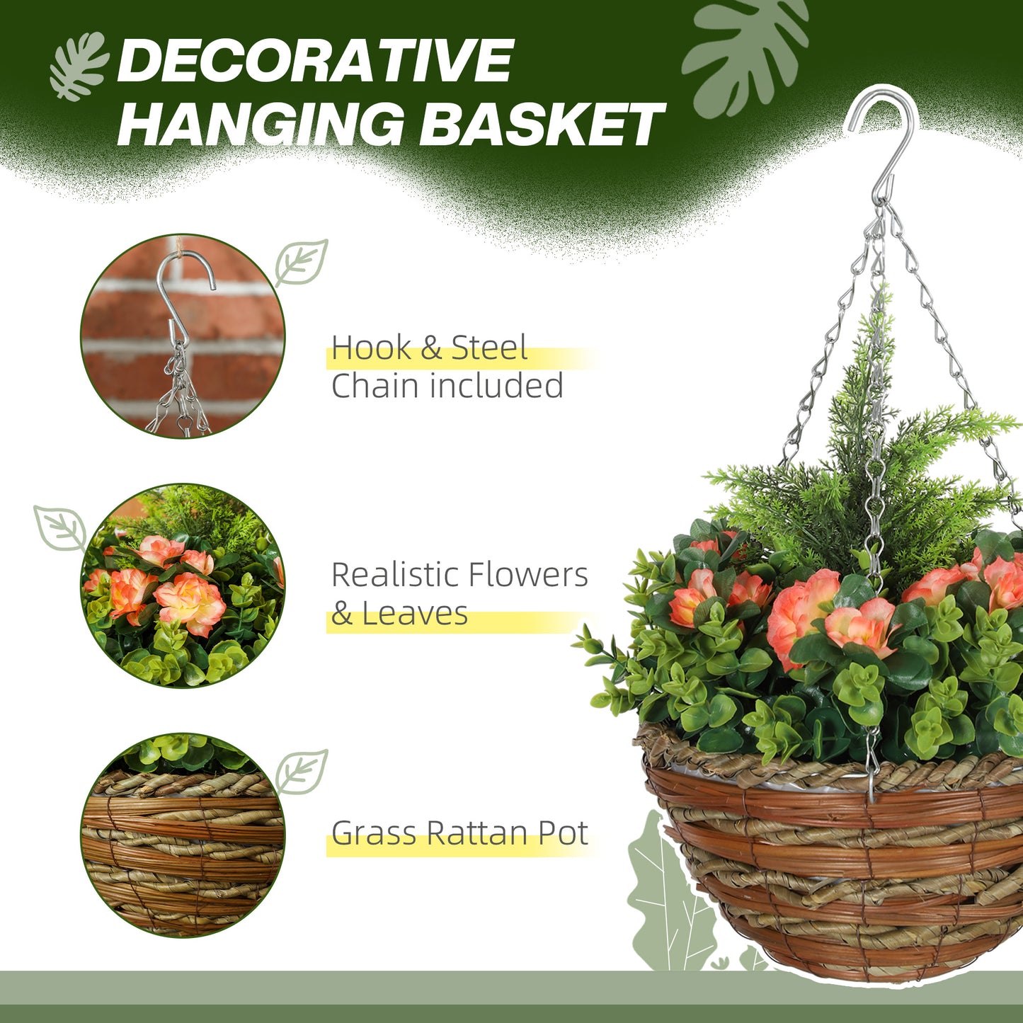 Outsunny Hanging Lisianthus Flower Pots Set Of Two In Orange And Green Made From Plastic Realistic Artificial Flowers