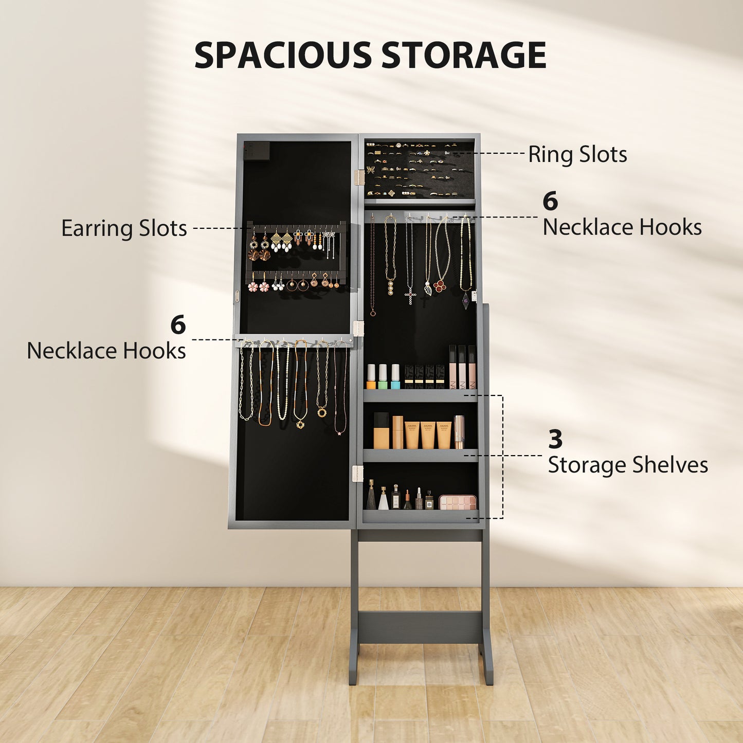 HOMCOM Freestanding Mirrored Jewellery Storage Cabinet With LED Lights Grey 70 Ring Slots And 32 Earring Slots