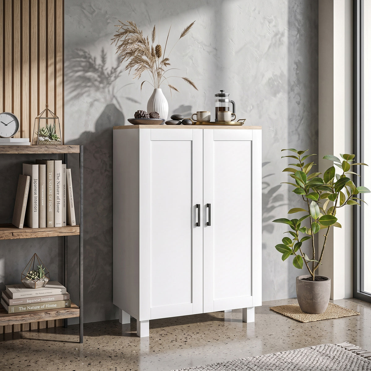 White sideboard cabinet with two doors and long black bar handles