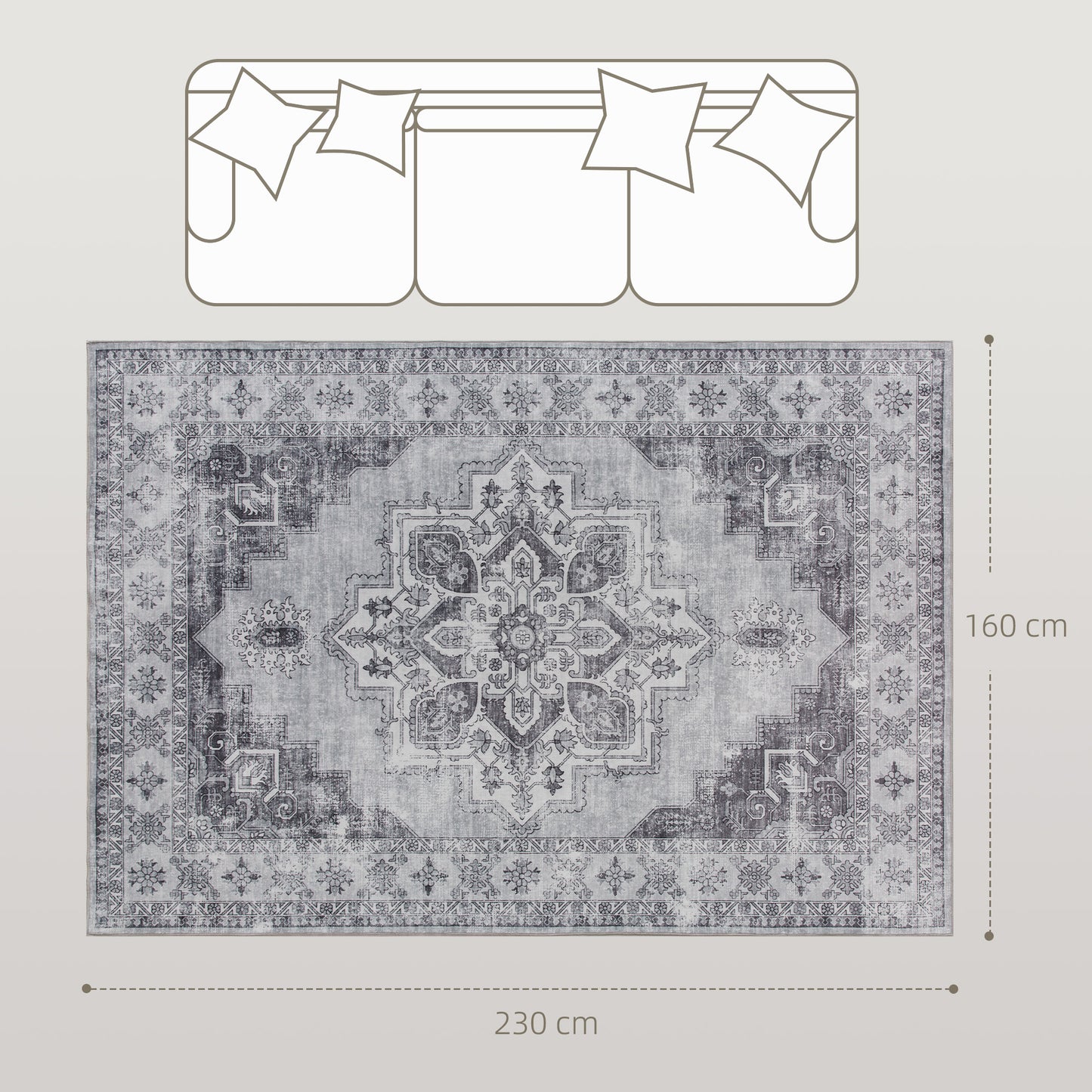 HOMCOM Vintage Area Rug Non Slip Washable Flannel Floor Carpet For Living Room And Bedroom Grey 230 X 160 Cm